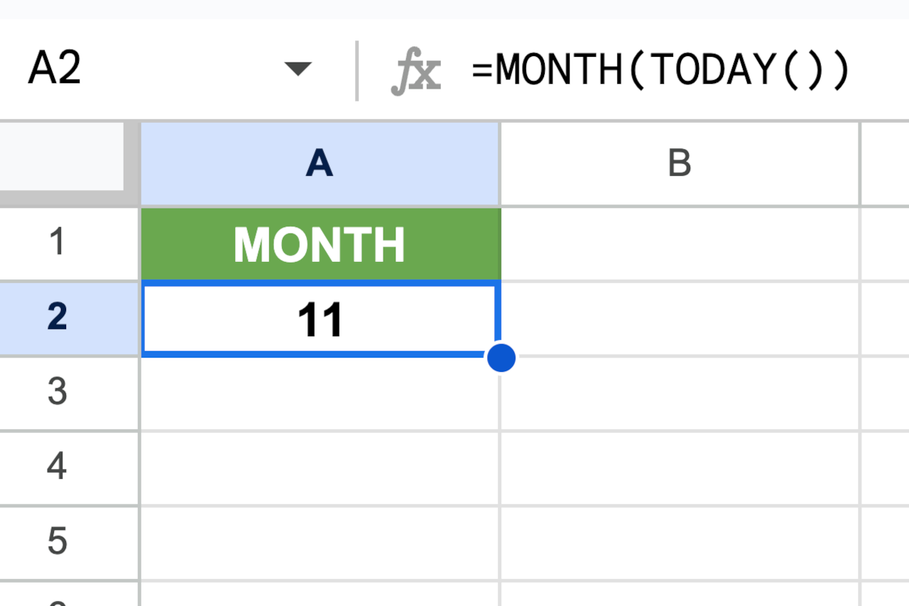 Graphic showing the formula for Google Sheets or Microsoft Excel to calculate the current month.