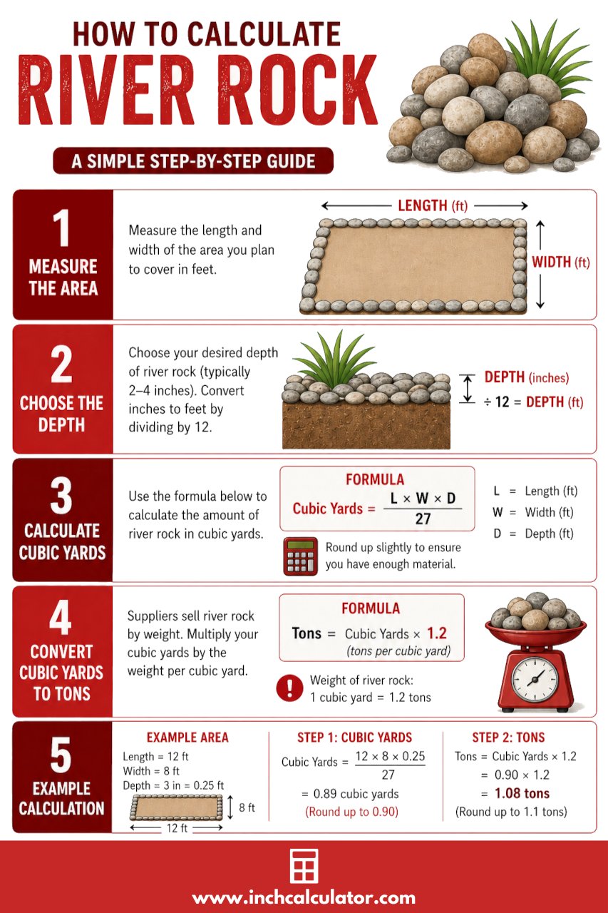 Graphic showing the steps to calculate river rock needed in cubic yards and tons