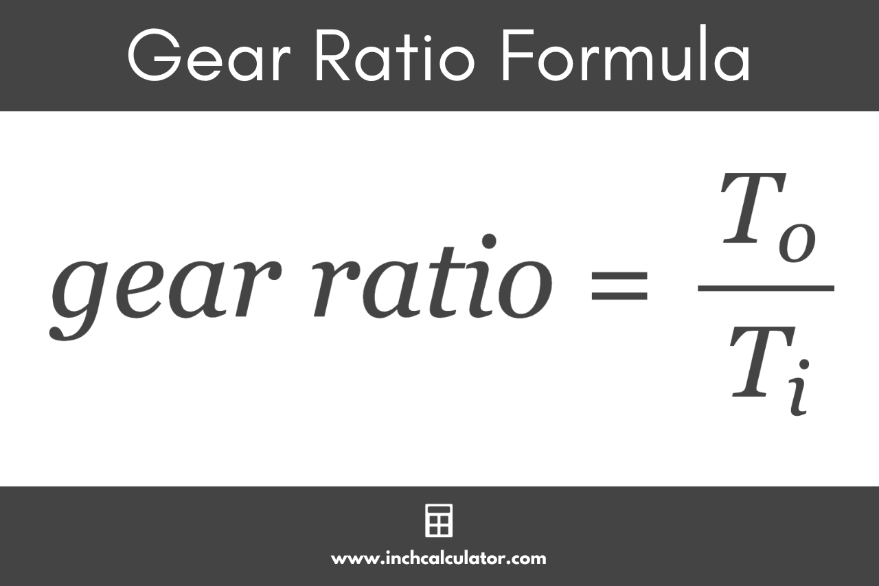 Graphic showing how to calculate a gear ratio. Gear ratio equals output gear teeth divided by input gear teeth.