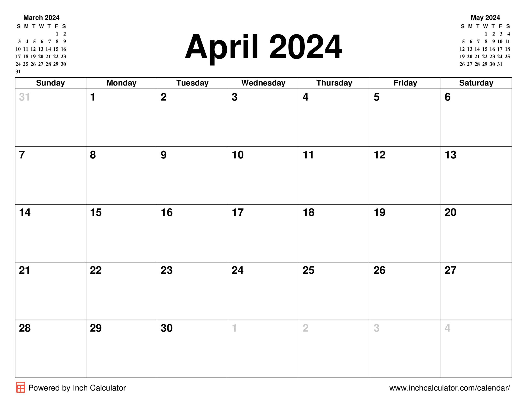 April 2024 calendar without holidays