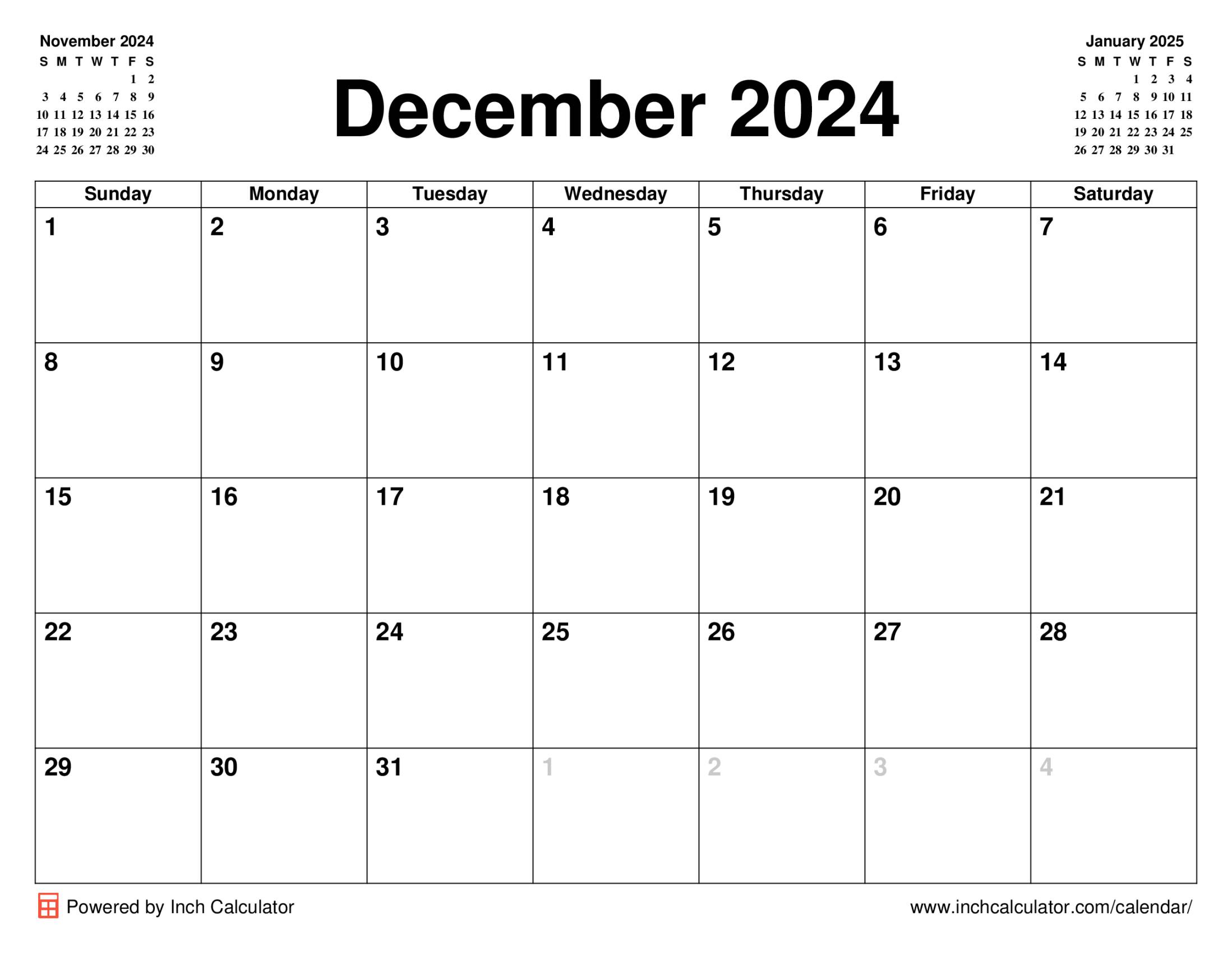 December 2024 calendar without holidays