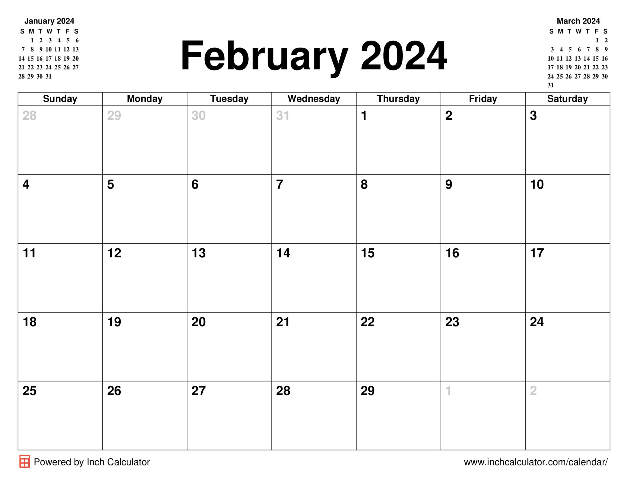 February 2024 calendar without holidays