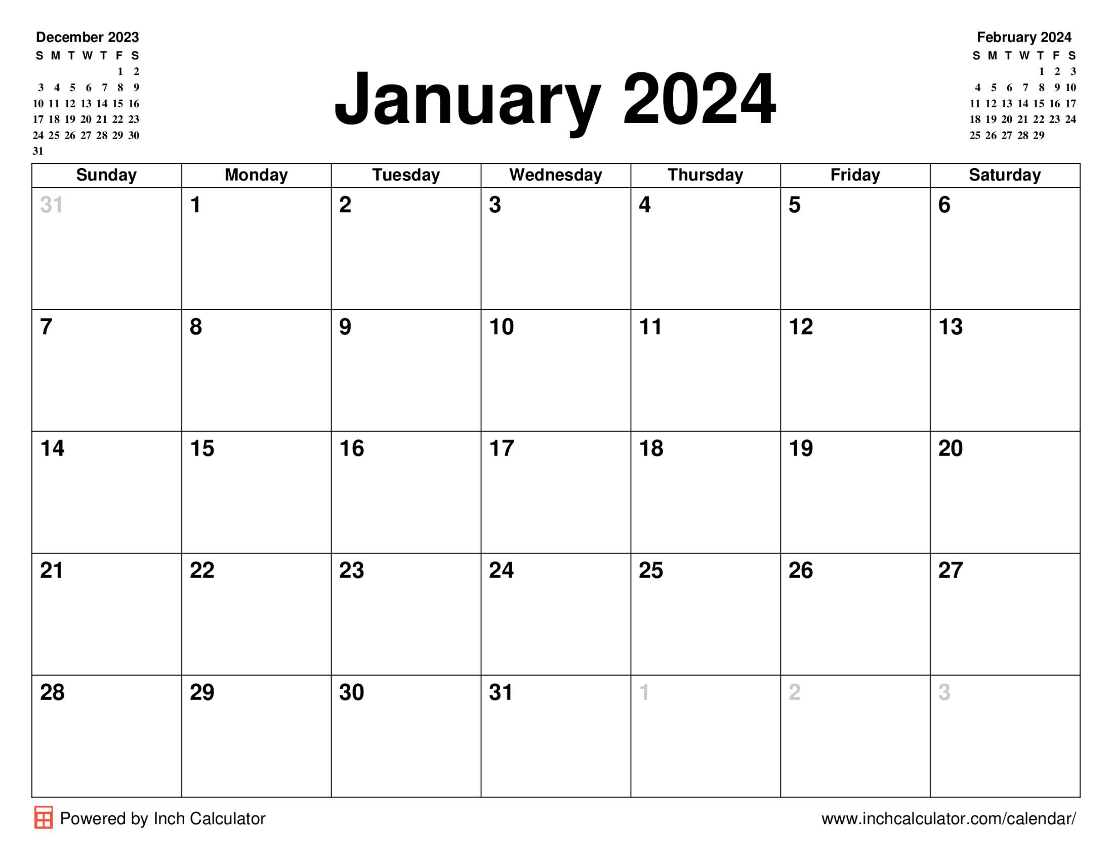 January 2024 calendar without holidays
