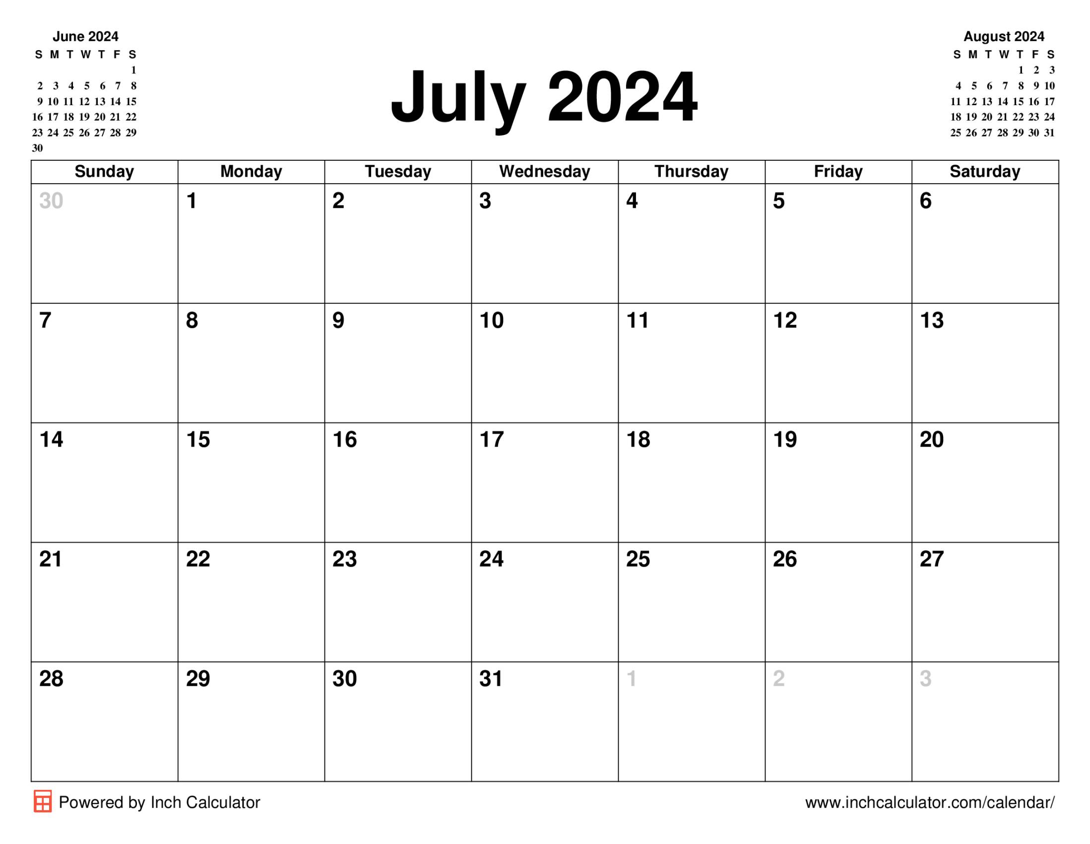 July 2024 calendar without holidays
