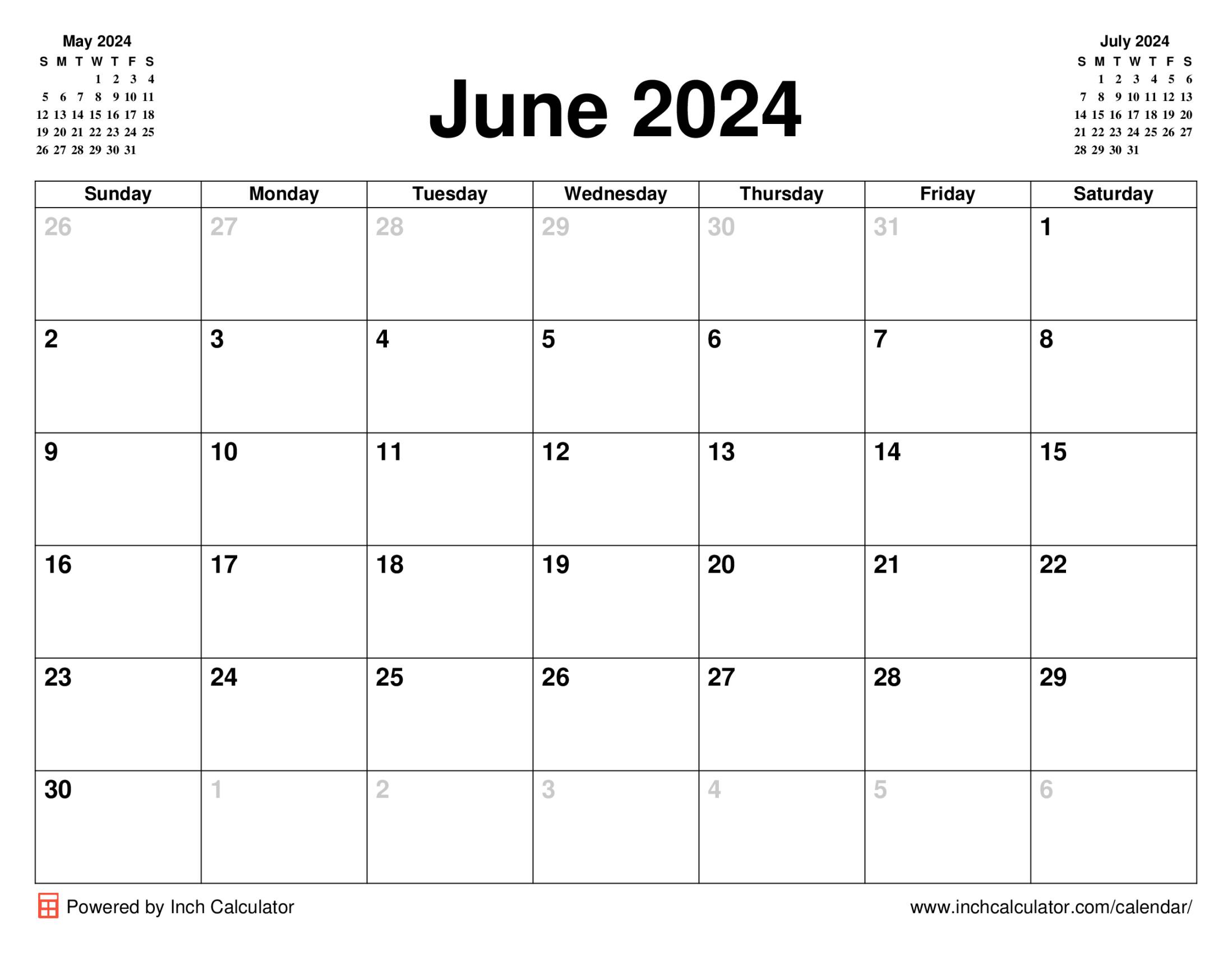 June 2024 calendar without holidays