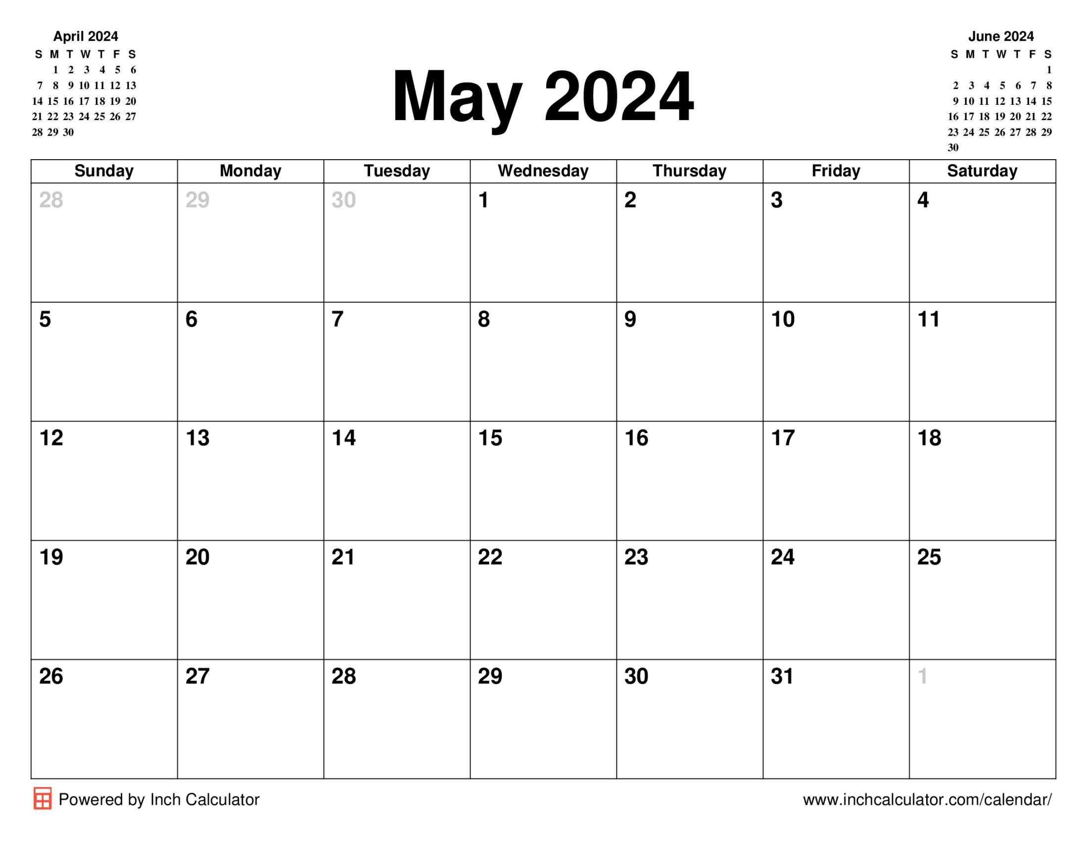 May 2024 calendar without holidays