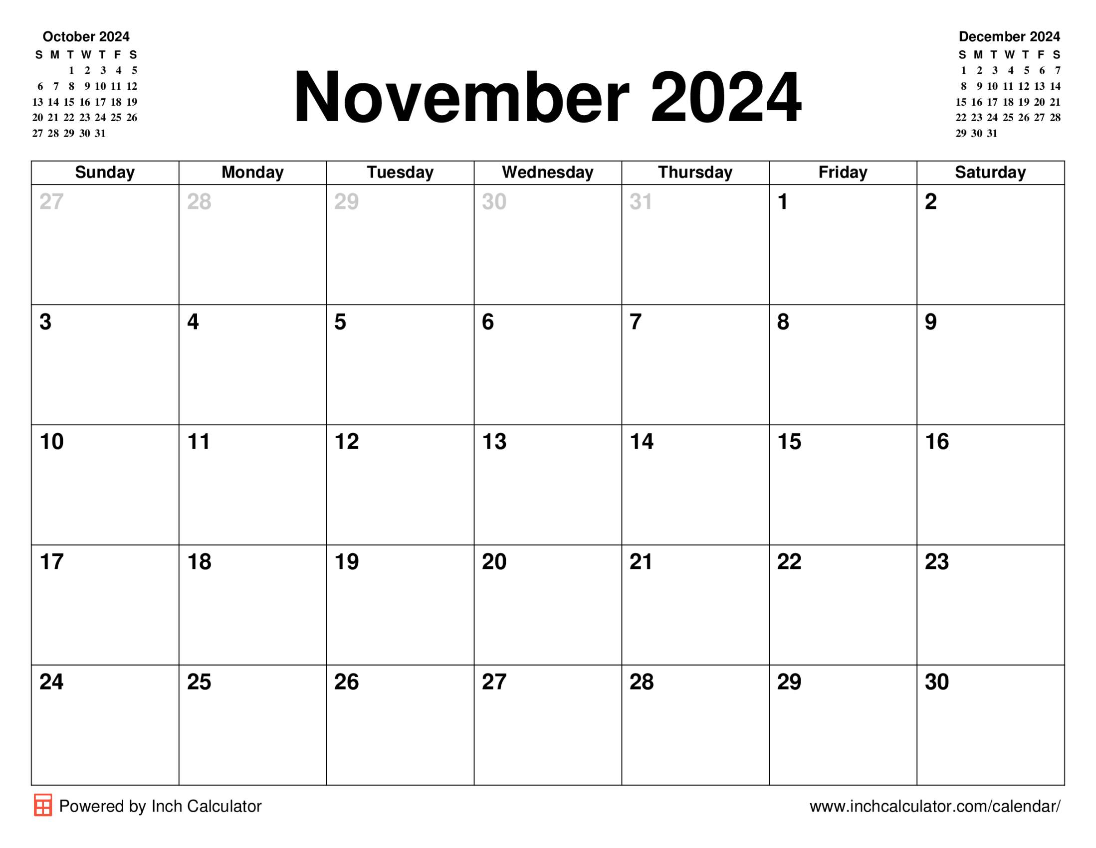 November 2024 calendar without holidays