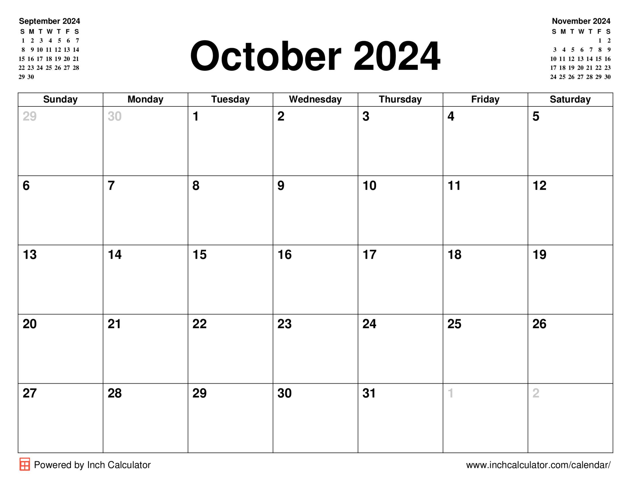 October 2024 calendar without holidays