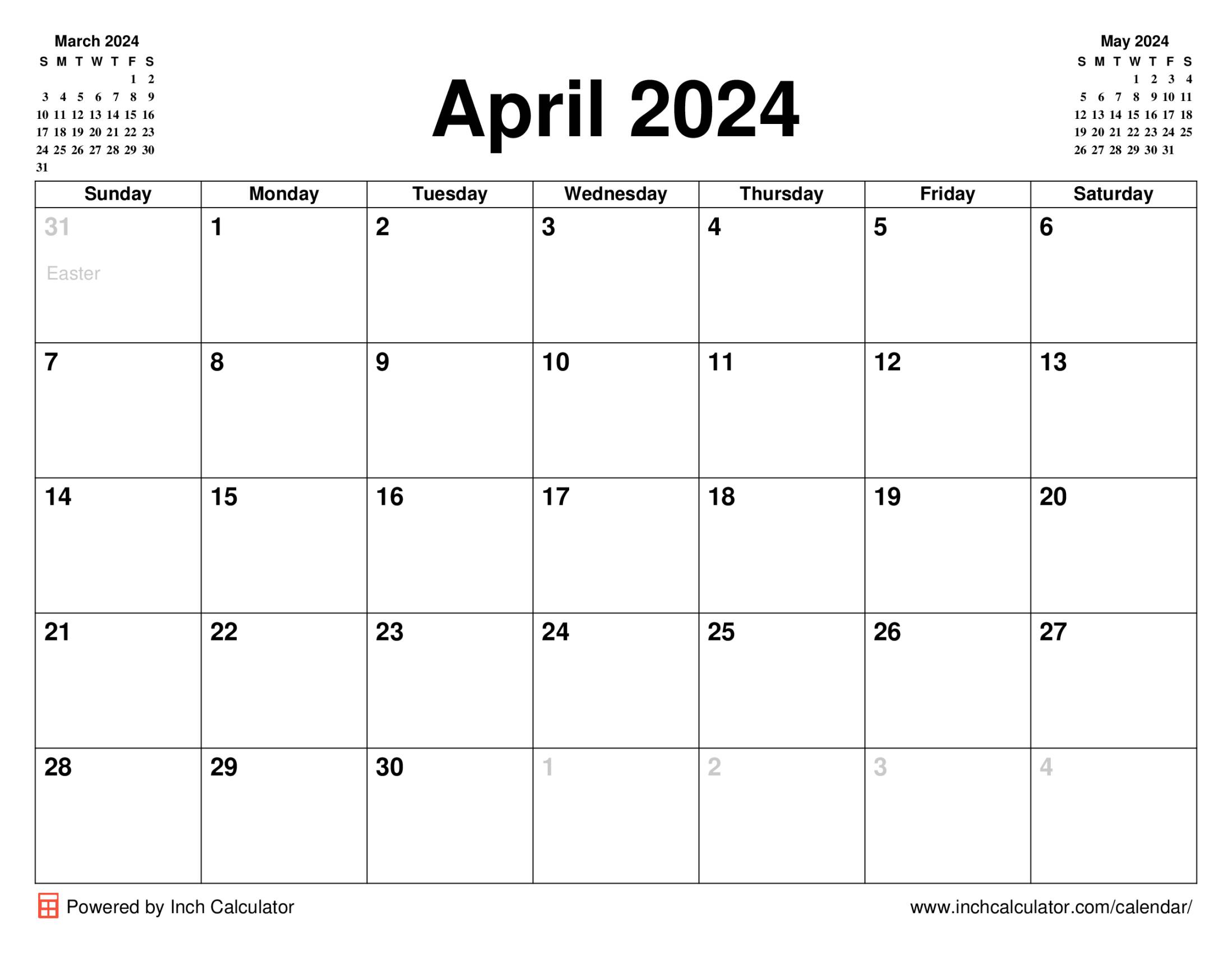 April 2024 calendar with holidays