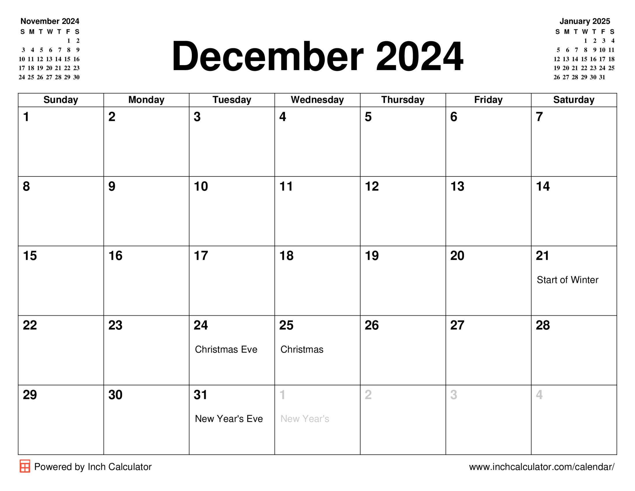 December 2024 calendar with holidays