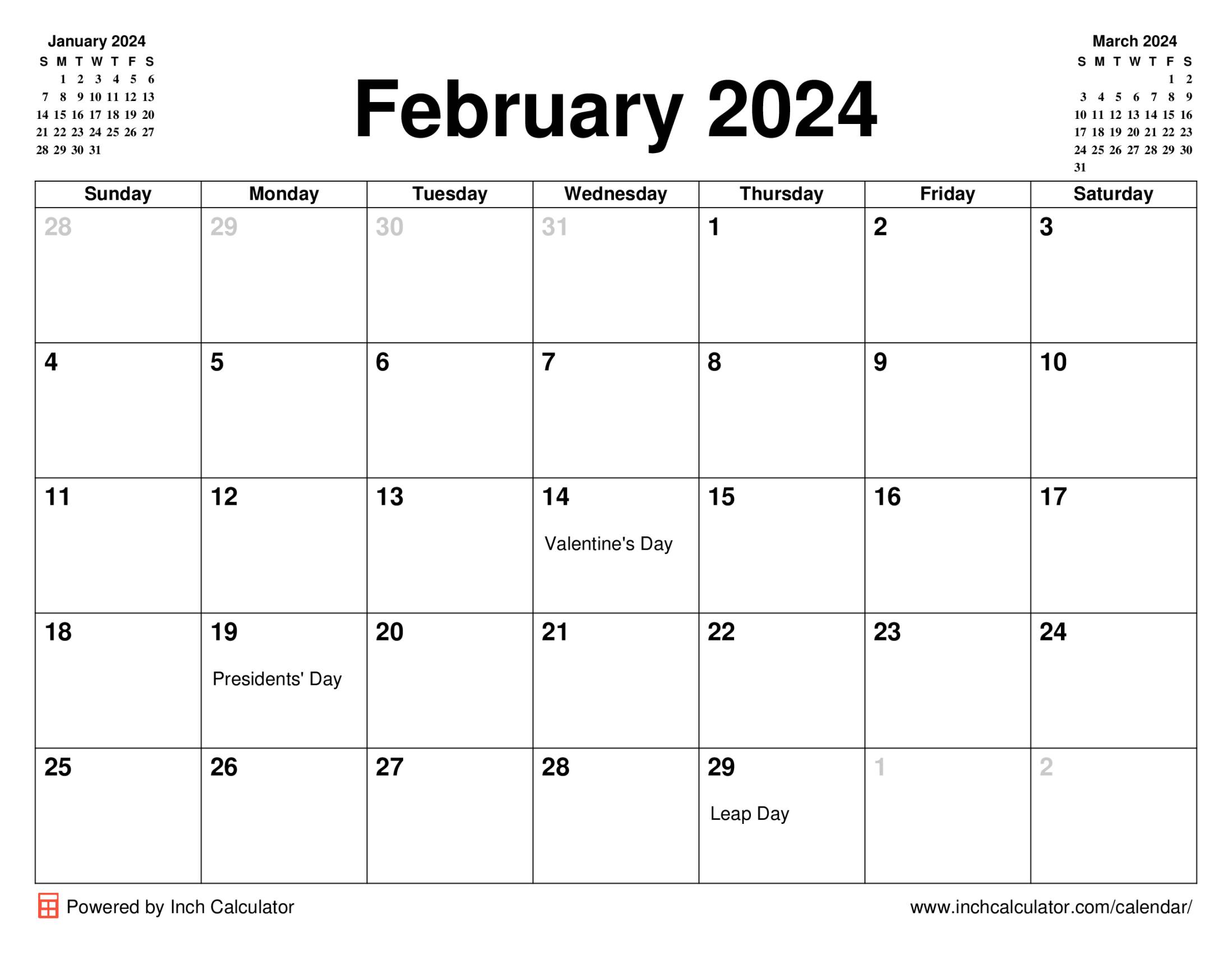 February 2024 calendar with holidays