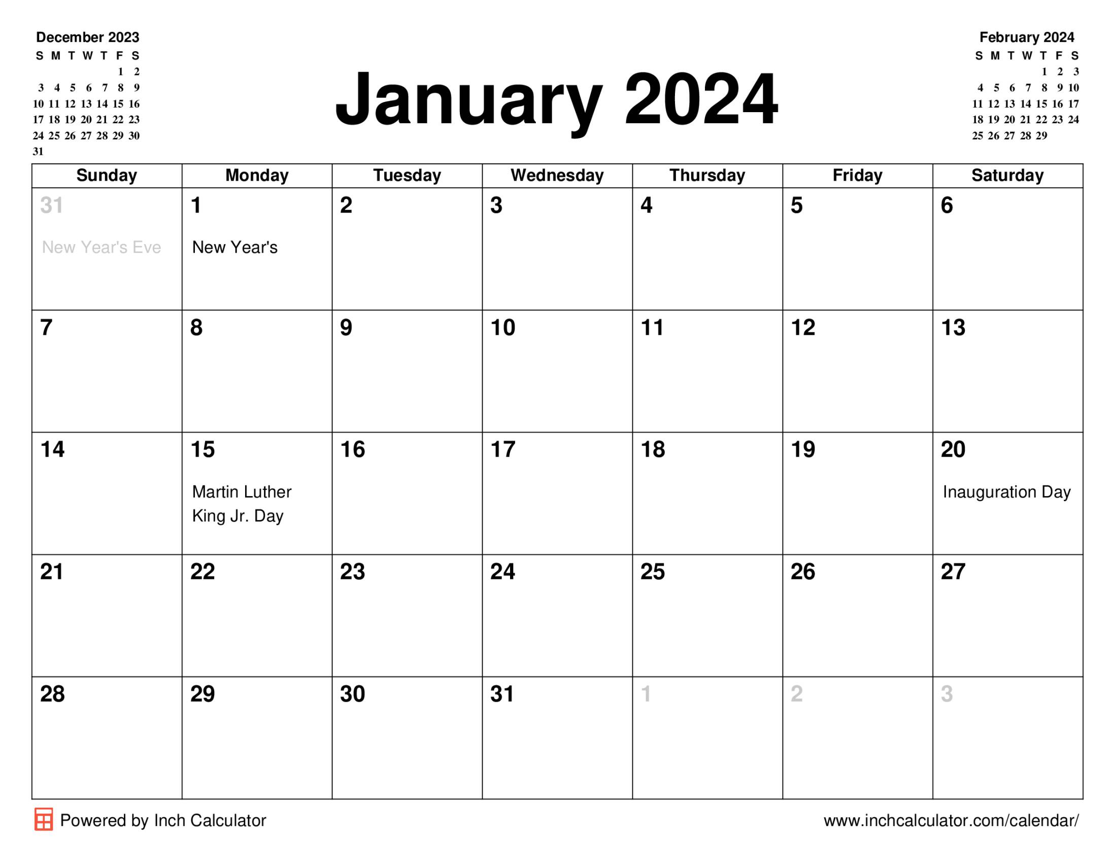 January 2024 calendar with holidays