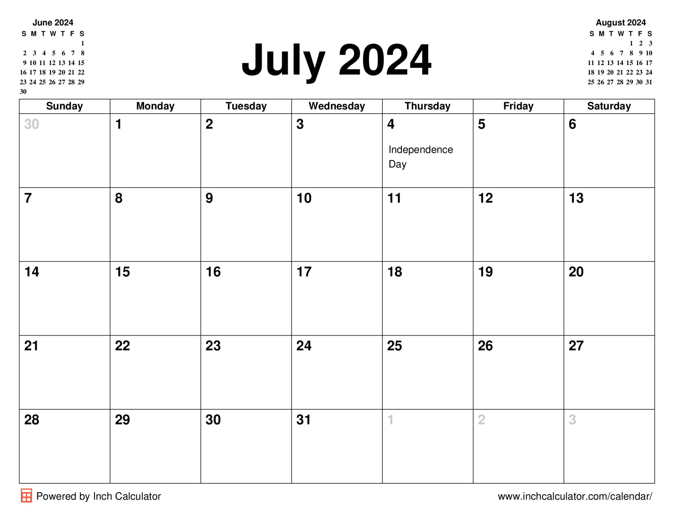 July 2024 calendar with holidays