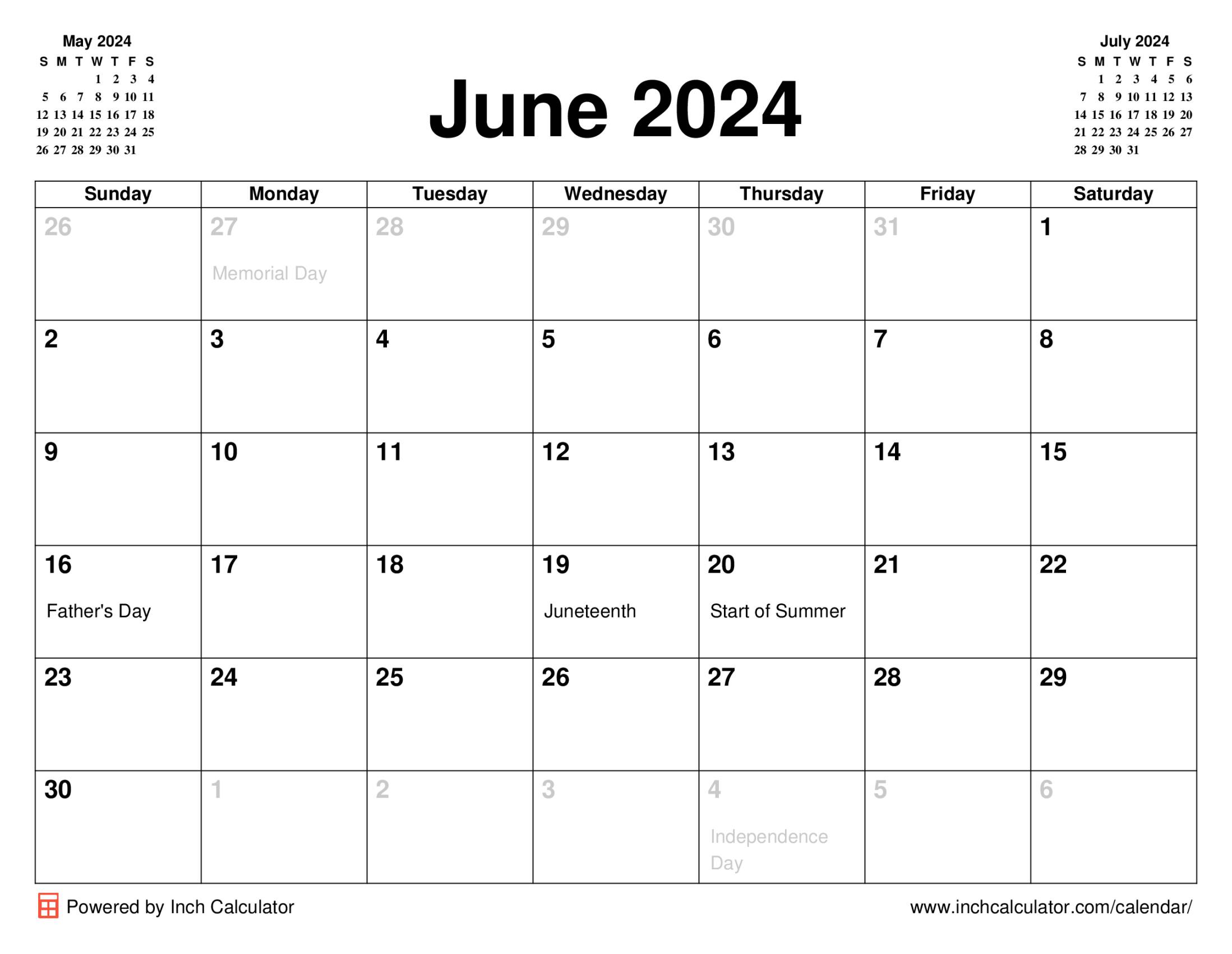 June 2024 calendar with holidays