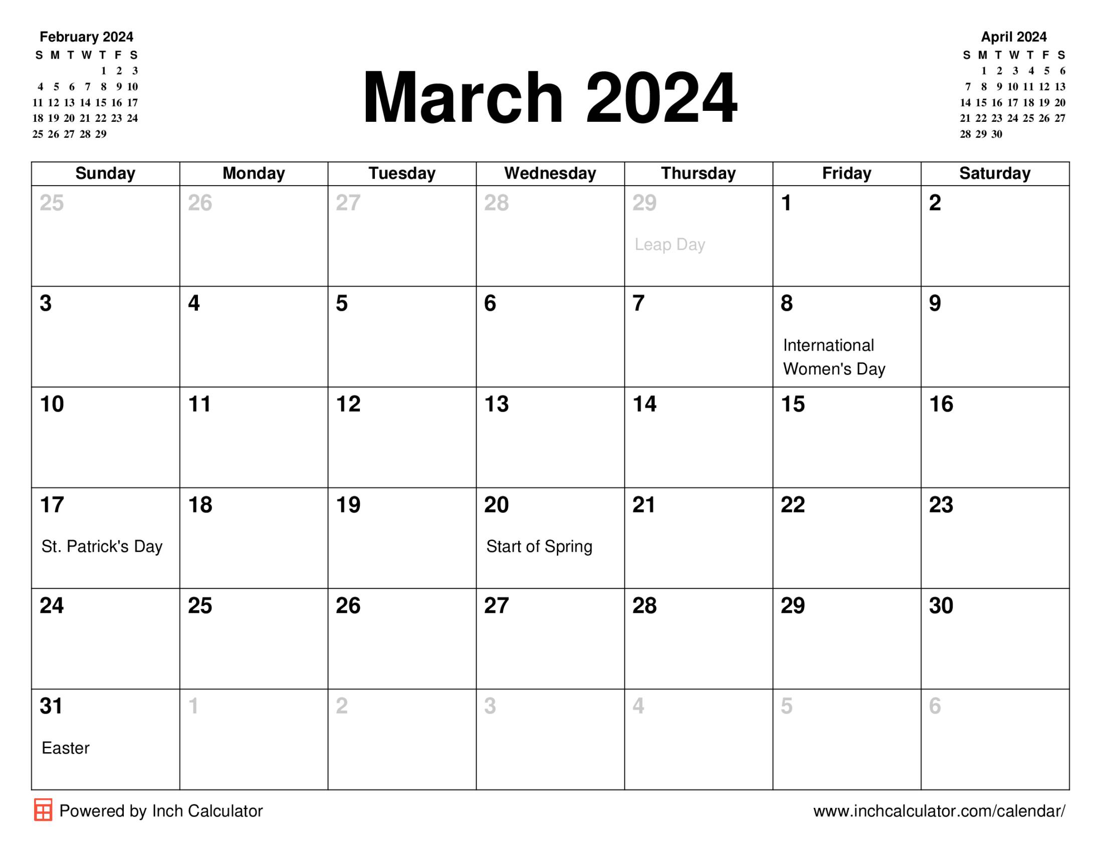 March 2024 calendar with holidays