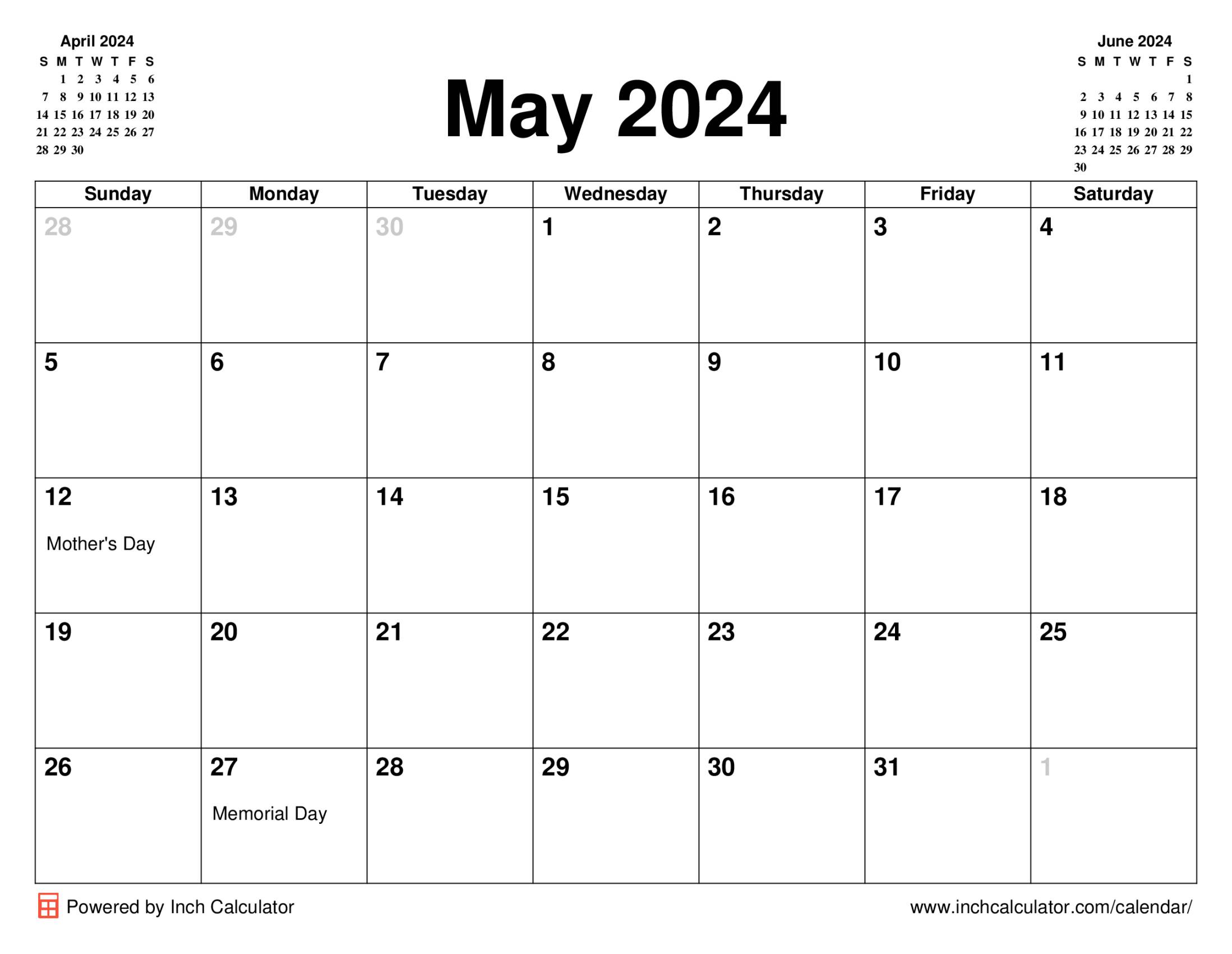 May 2024 calendar with holidays
