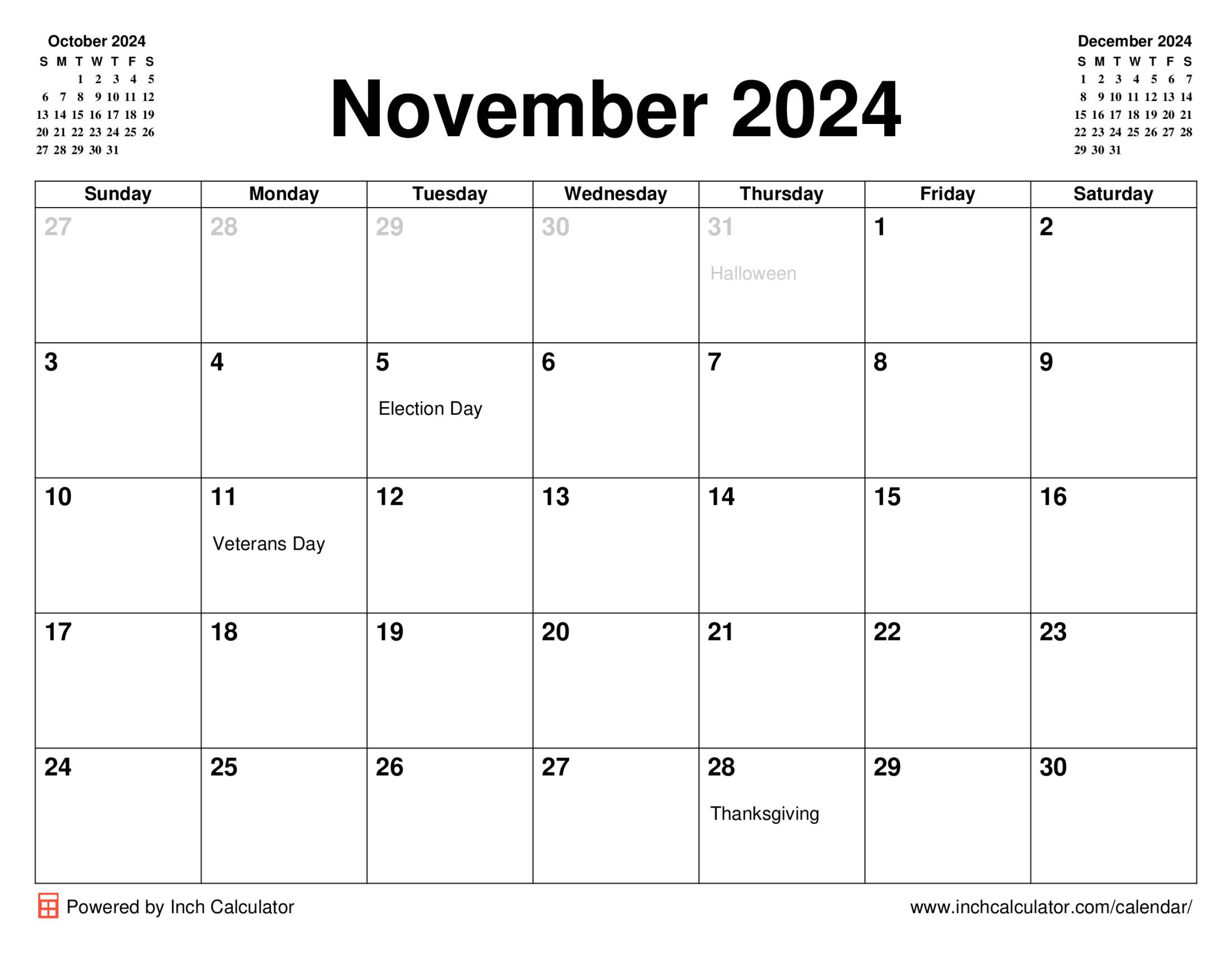 November 2024 calendar with holidays