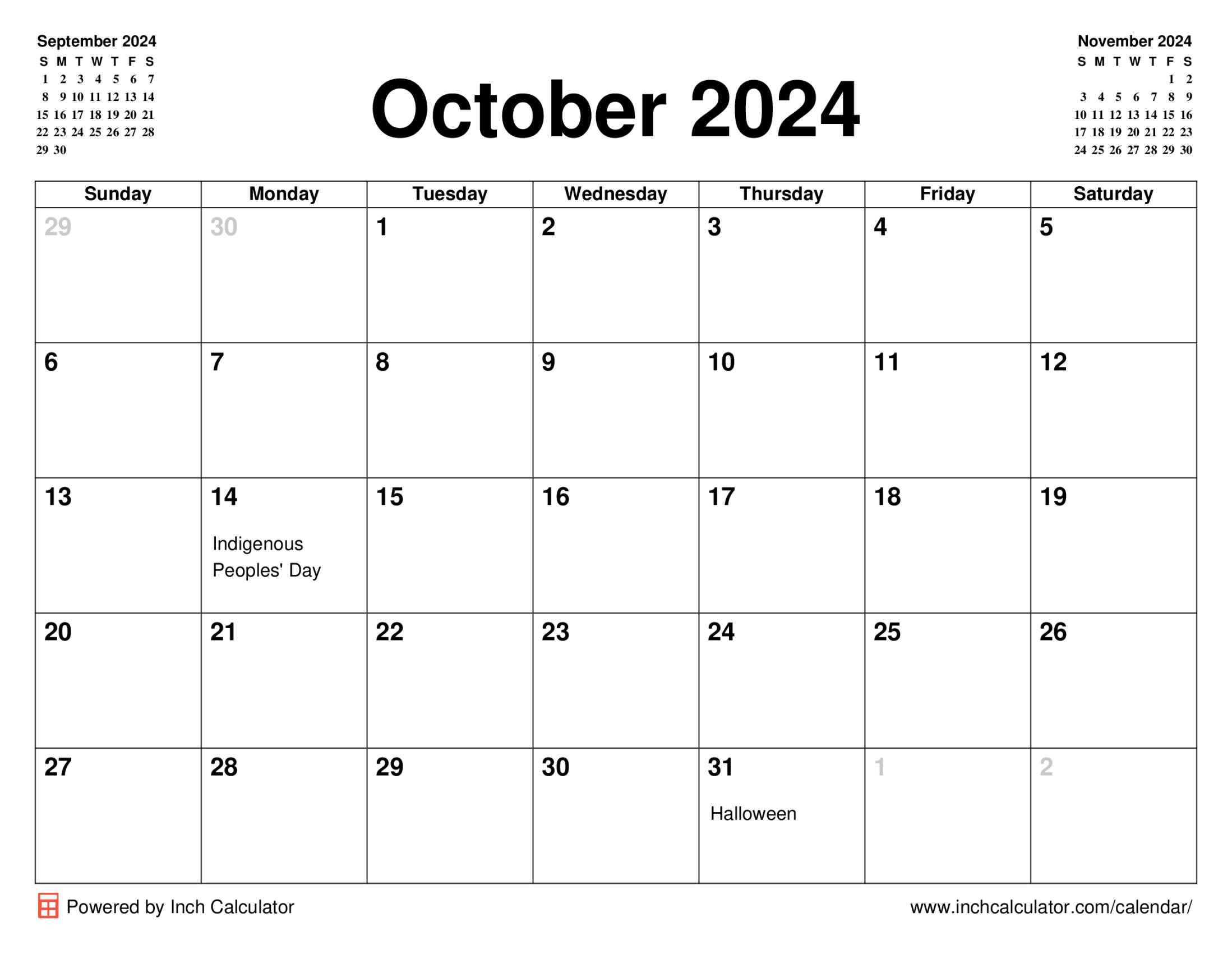 October 2024 calendar with holidays