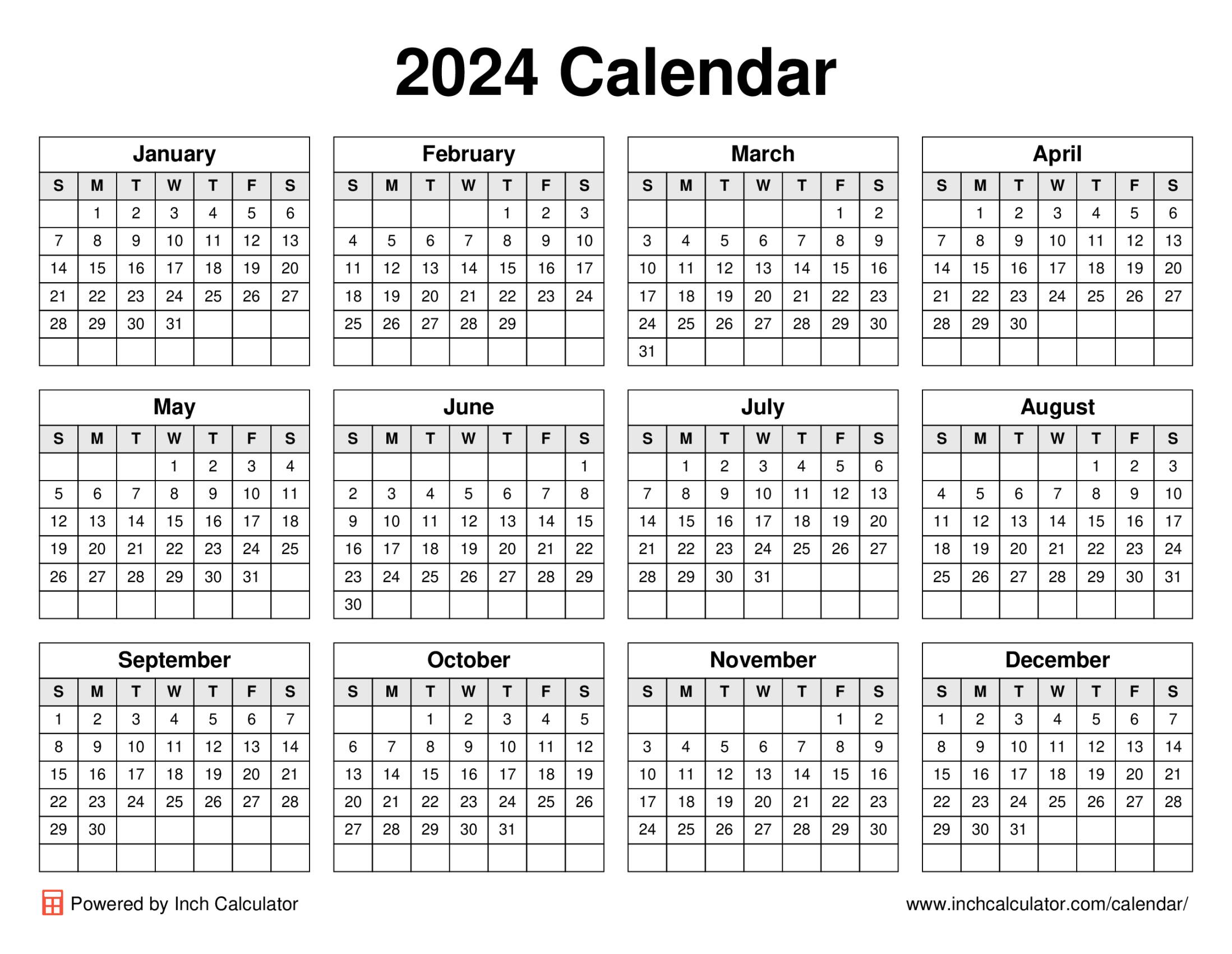 2024 calendar (landscape)