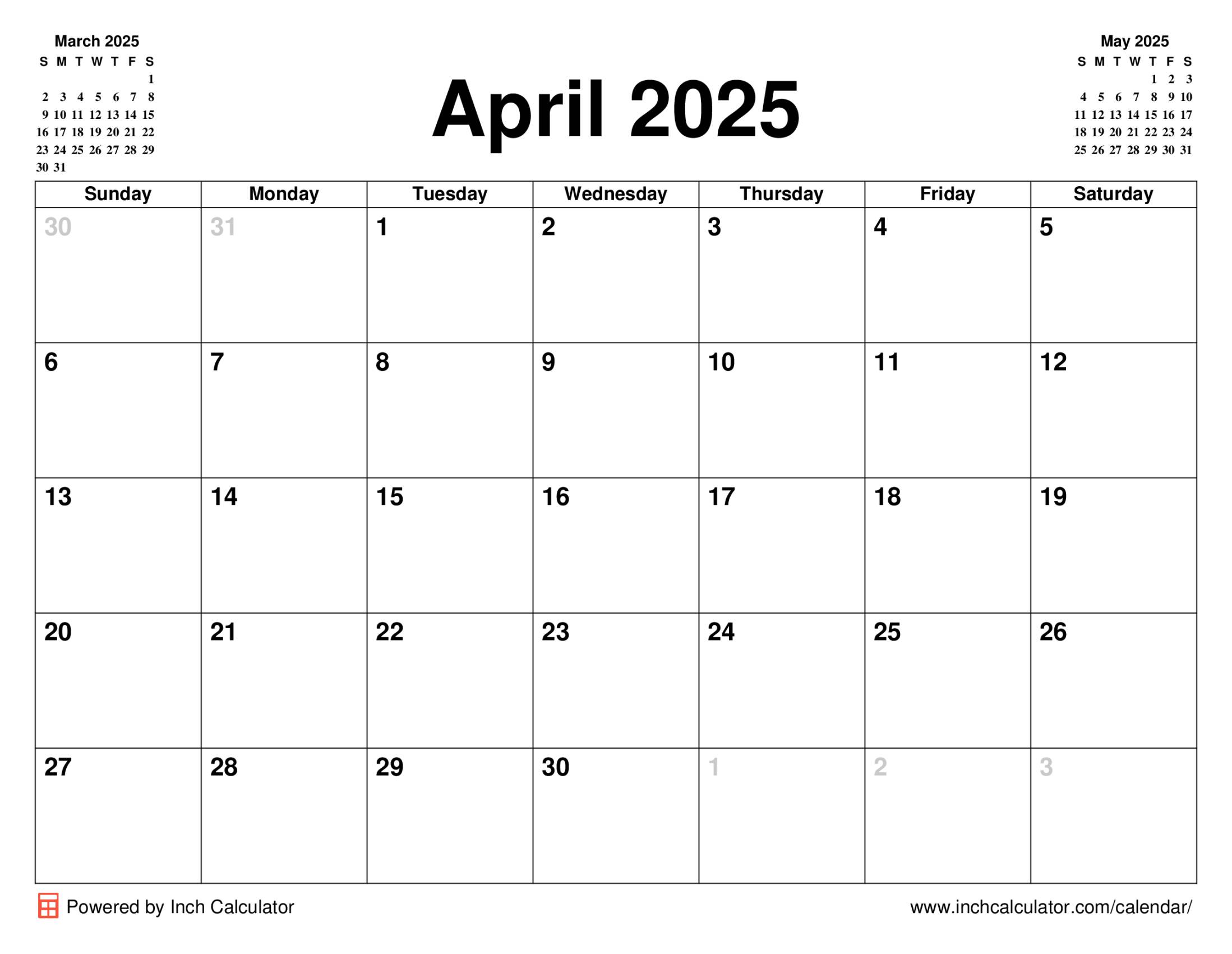 April 2025 calendar without holidays
