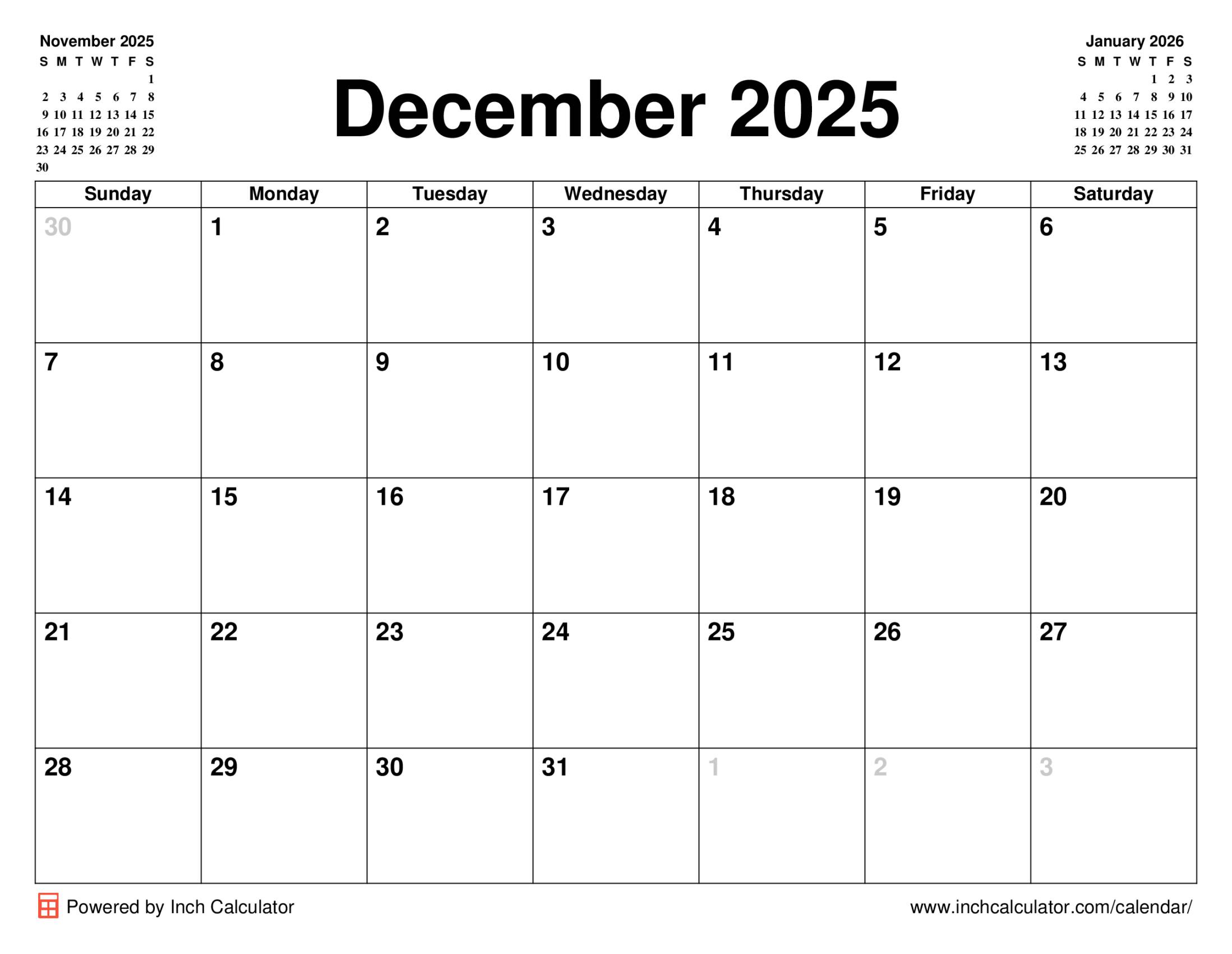 December 2025 calendar without holidays