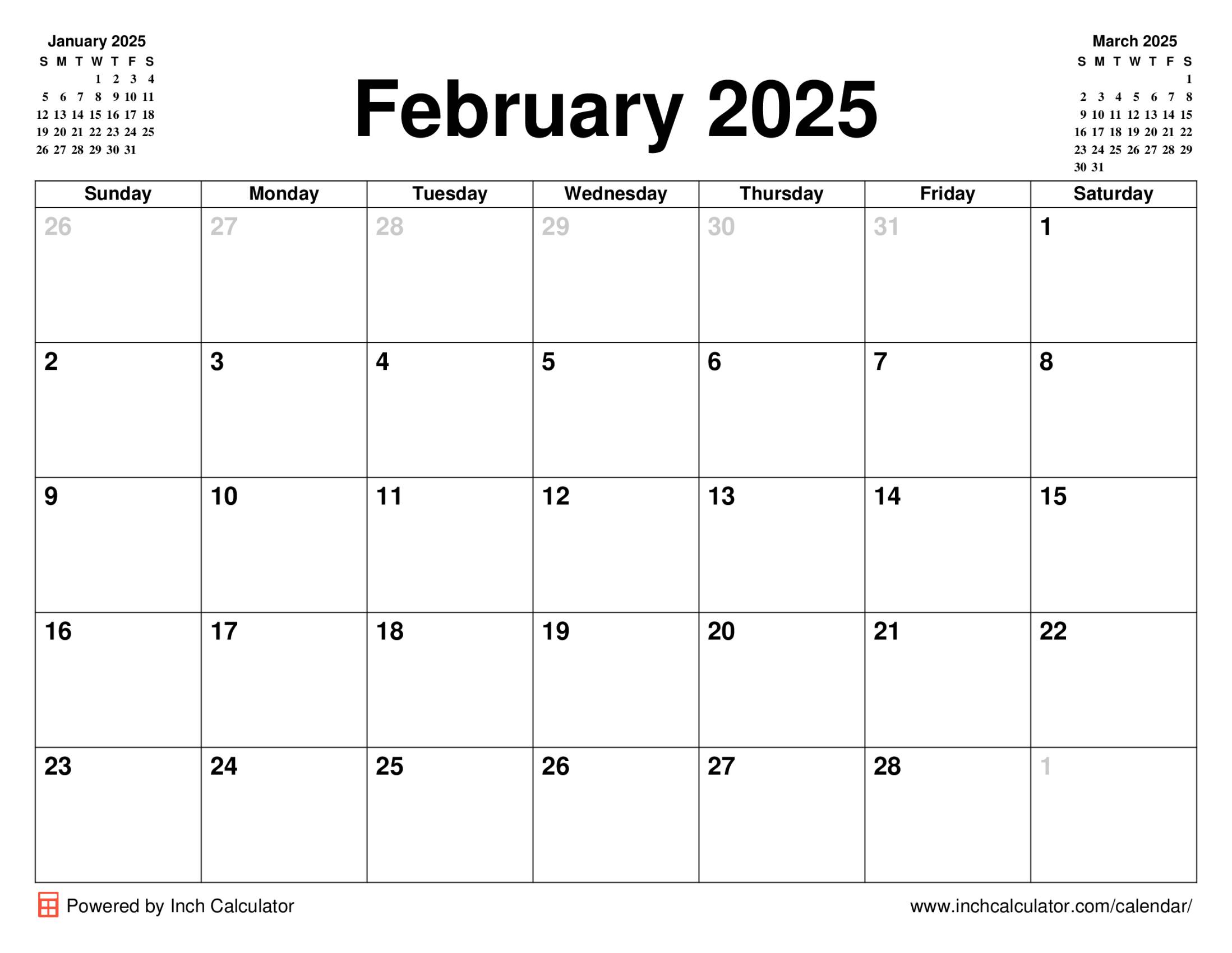 February 2025 calendar without holidays
