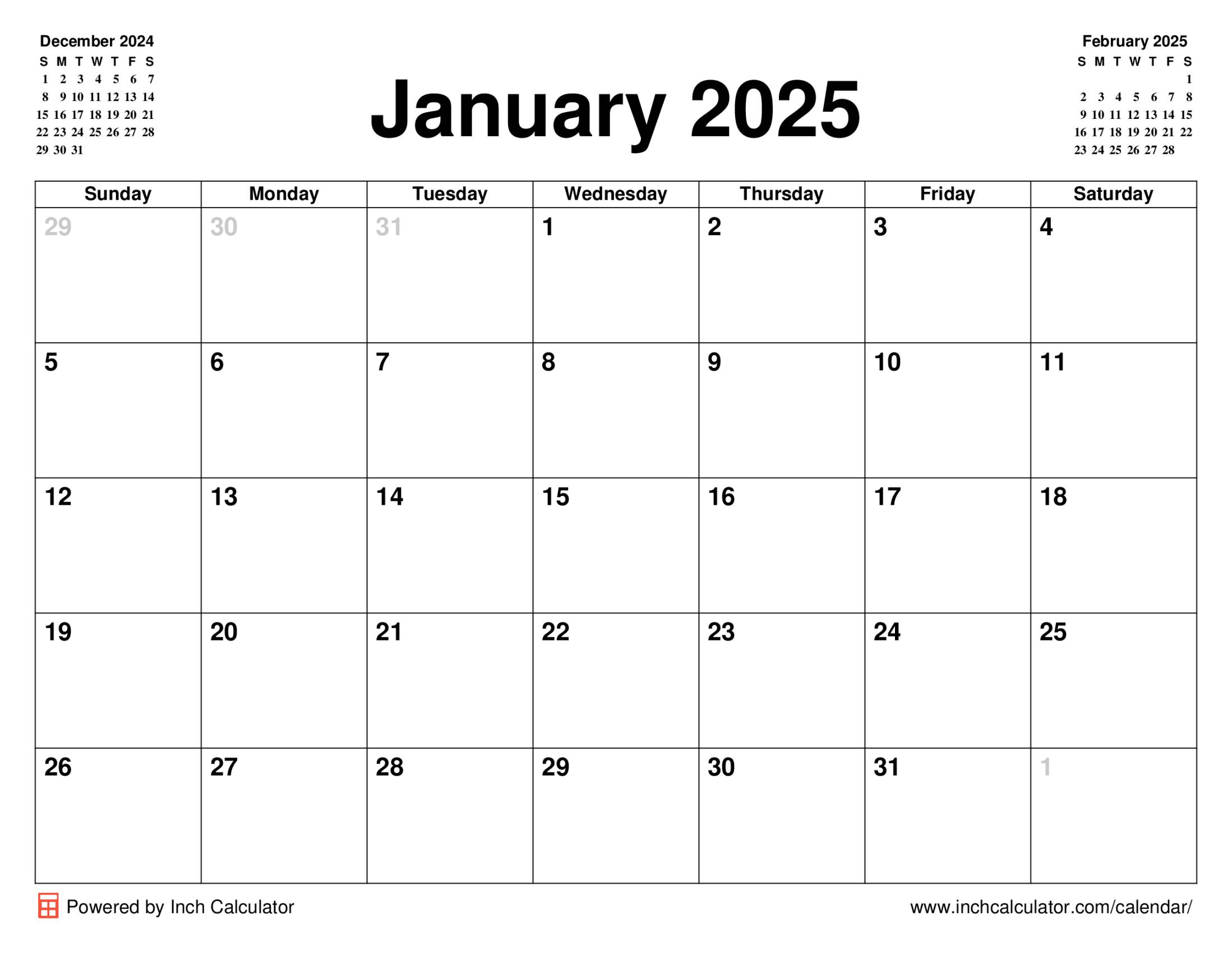 January 2025 calendar without holidays