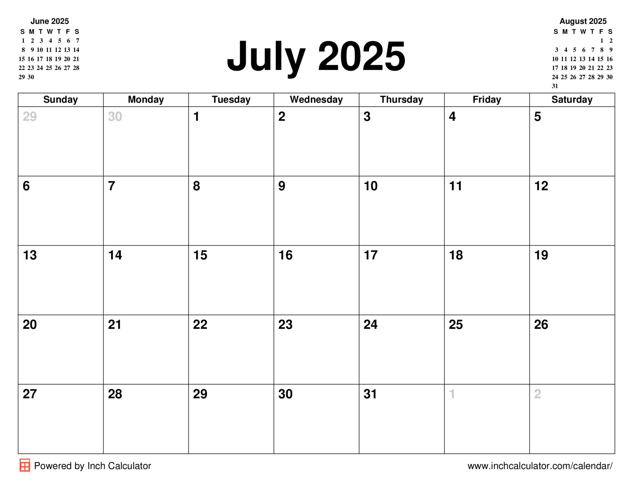 July 2025 calendar without holidays