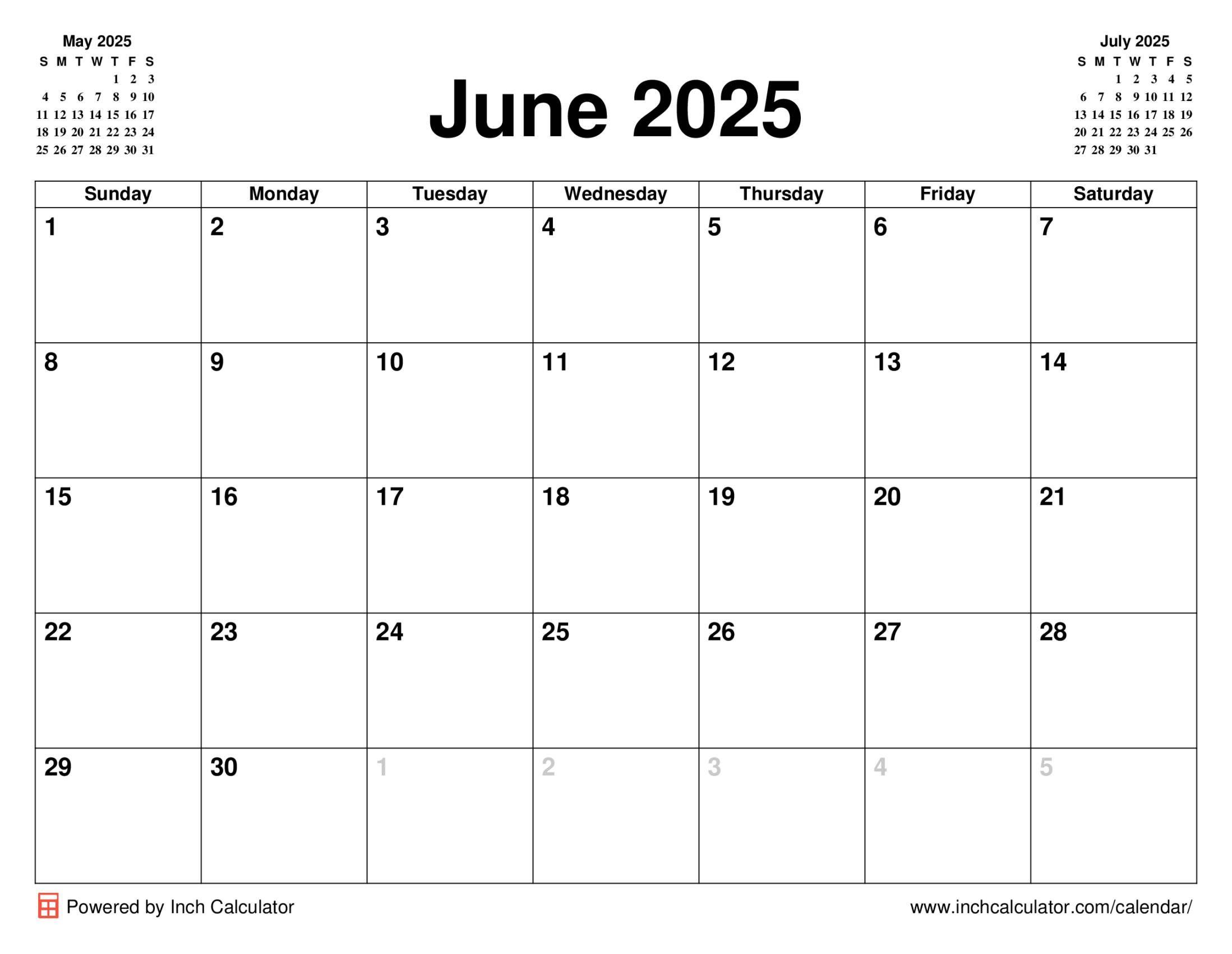 June 2025 calendar without holidays