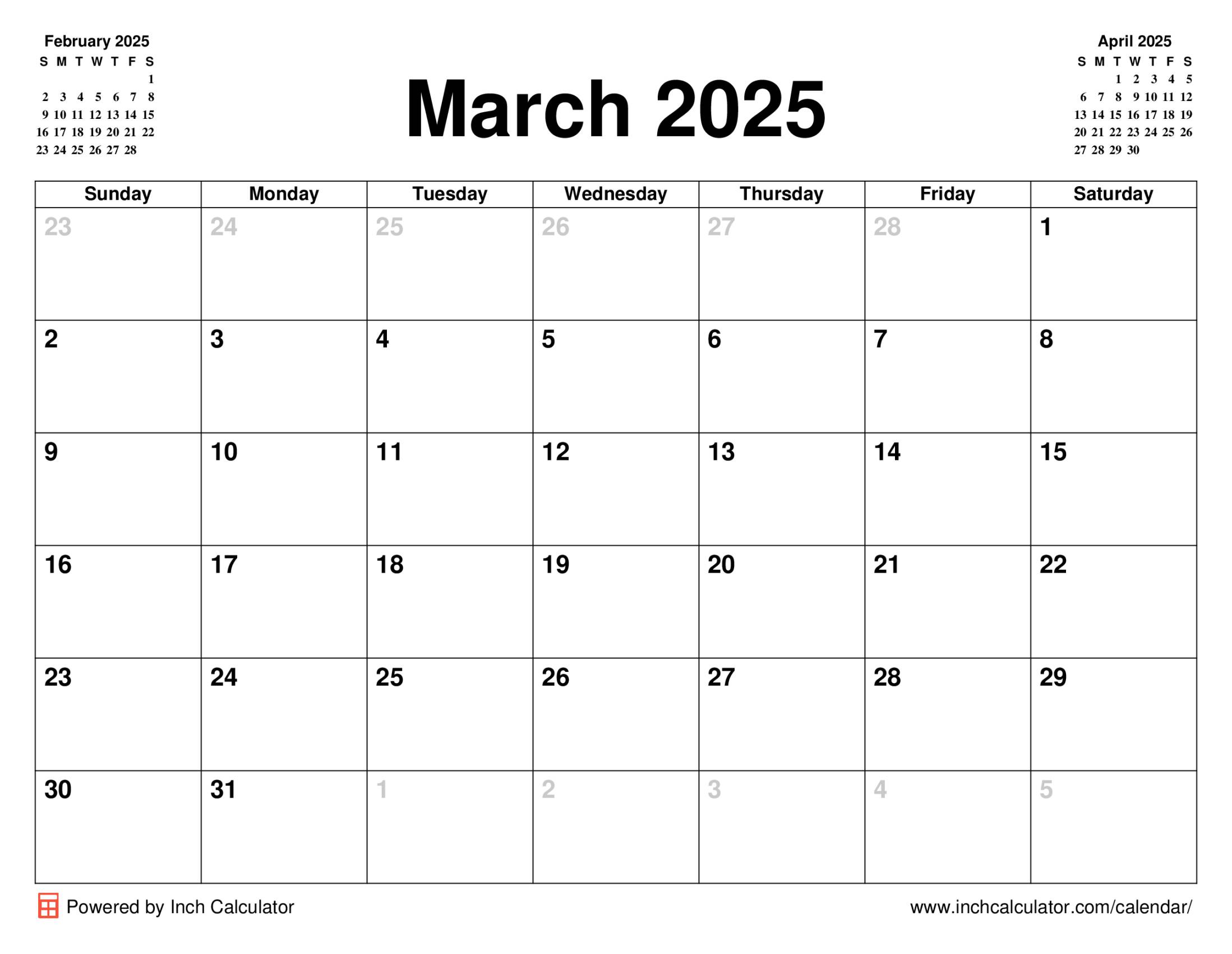 March 2025 calendar without holidays
