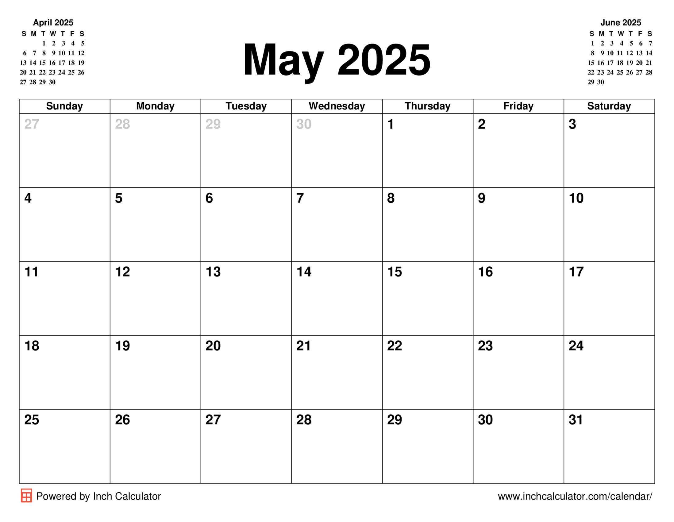 May 2025 calendar without holidays