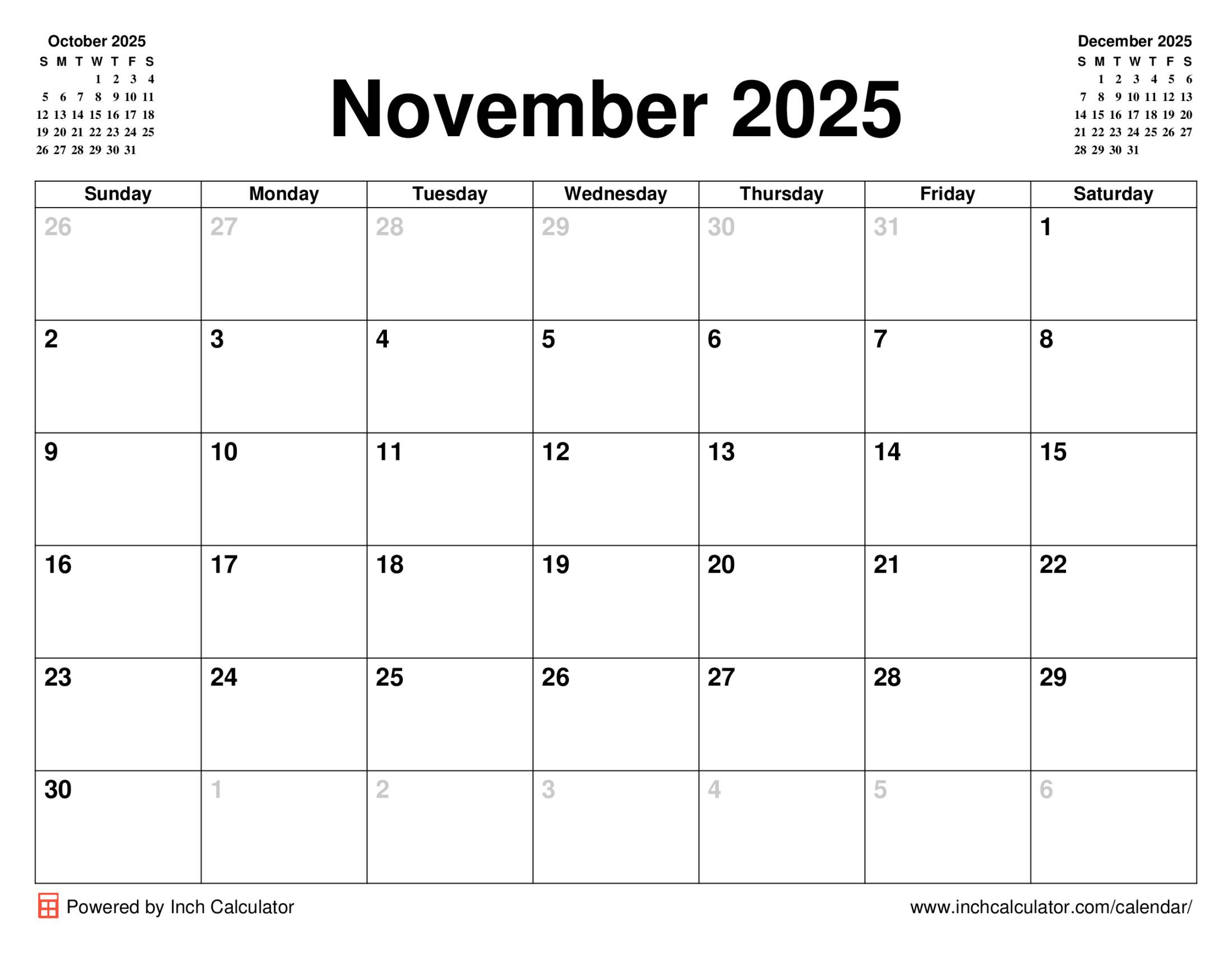 November 2025 calendar without holidays