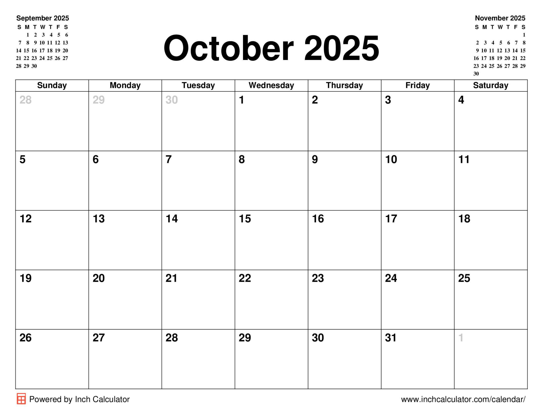 October 2025 calendar without holidays