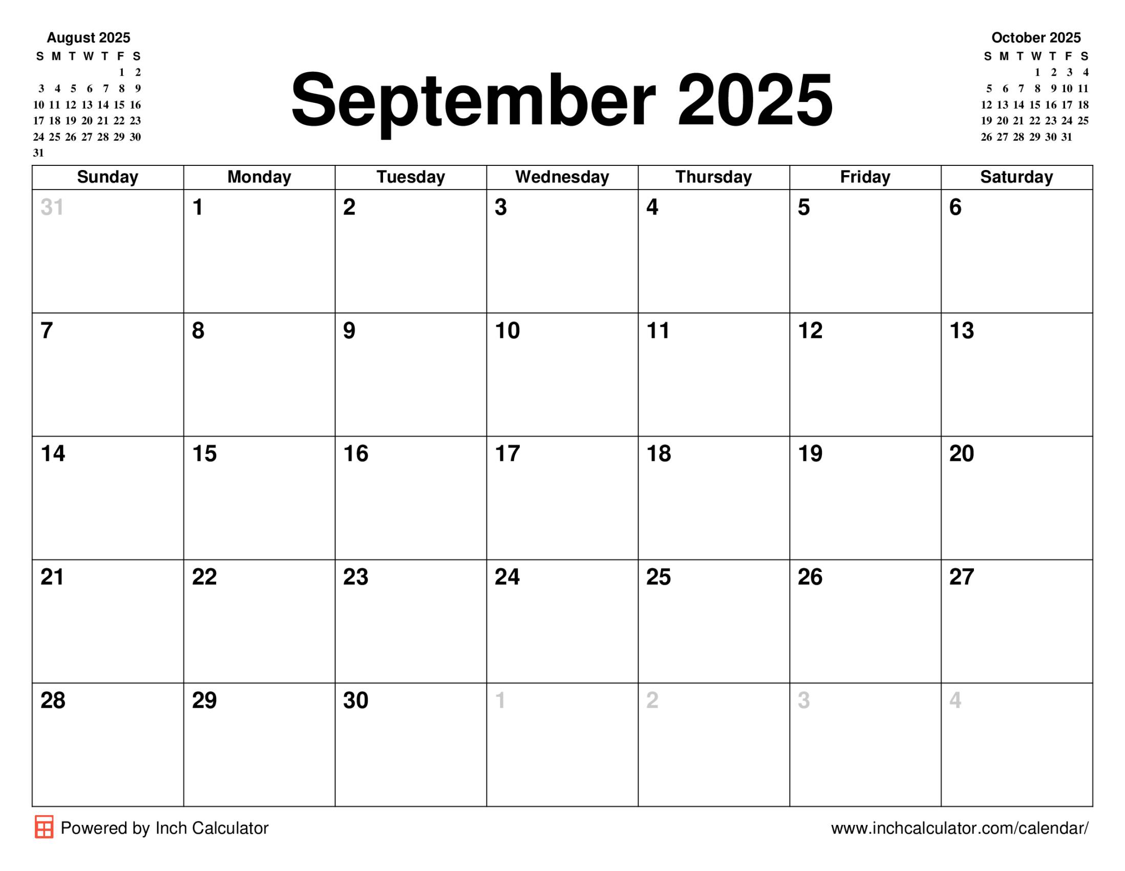 September 2025 calendar without holidays