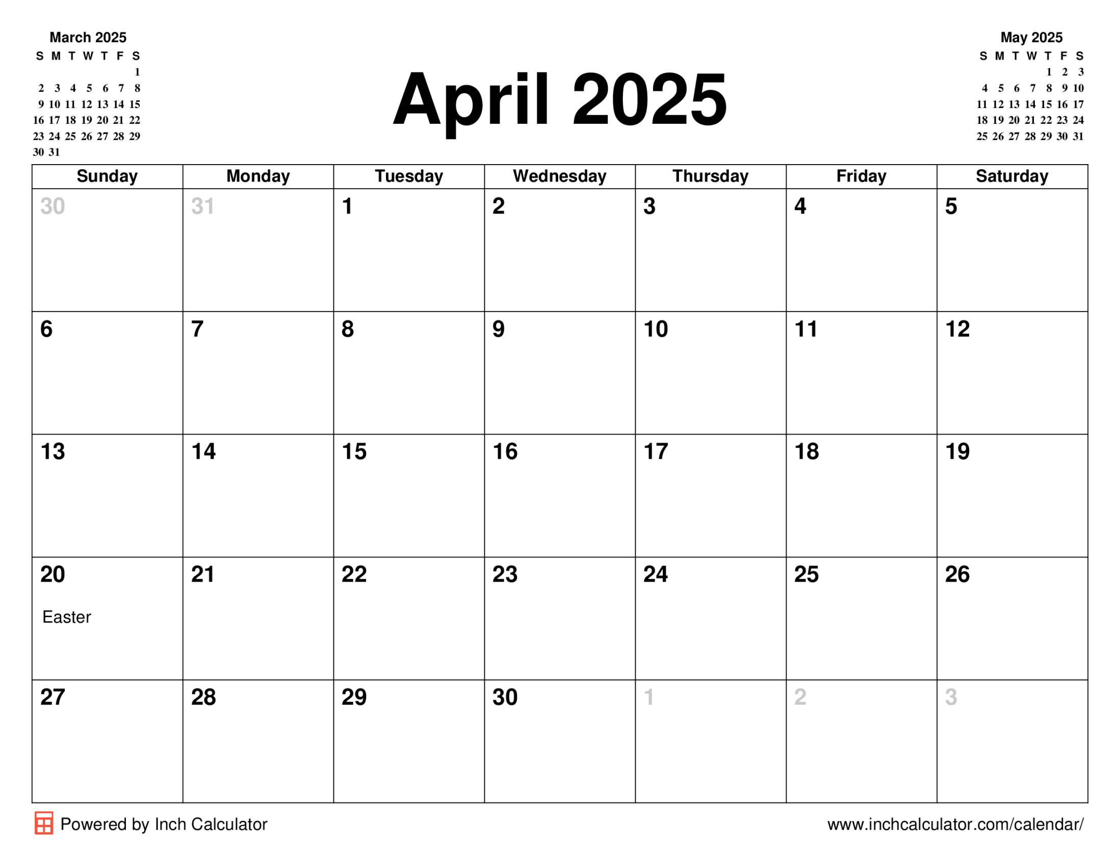 April 2025 calendar with holidays
