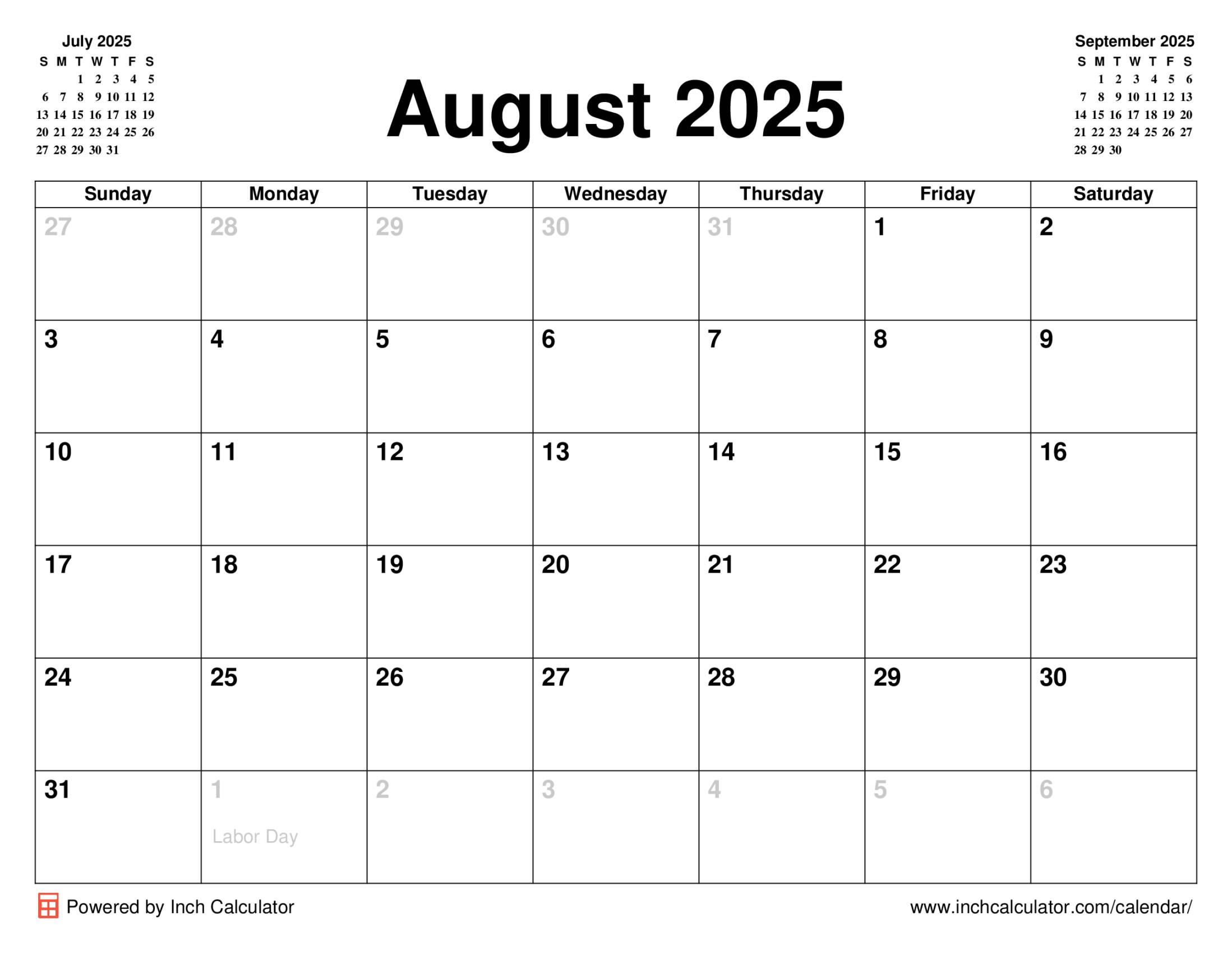 August 2025 calendar with holidays
