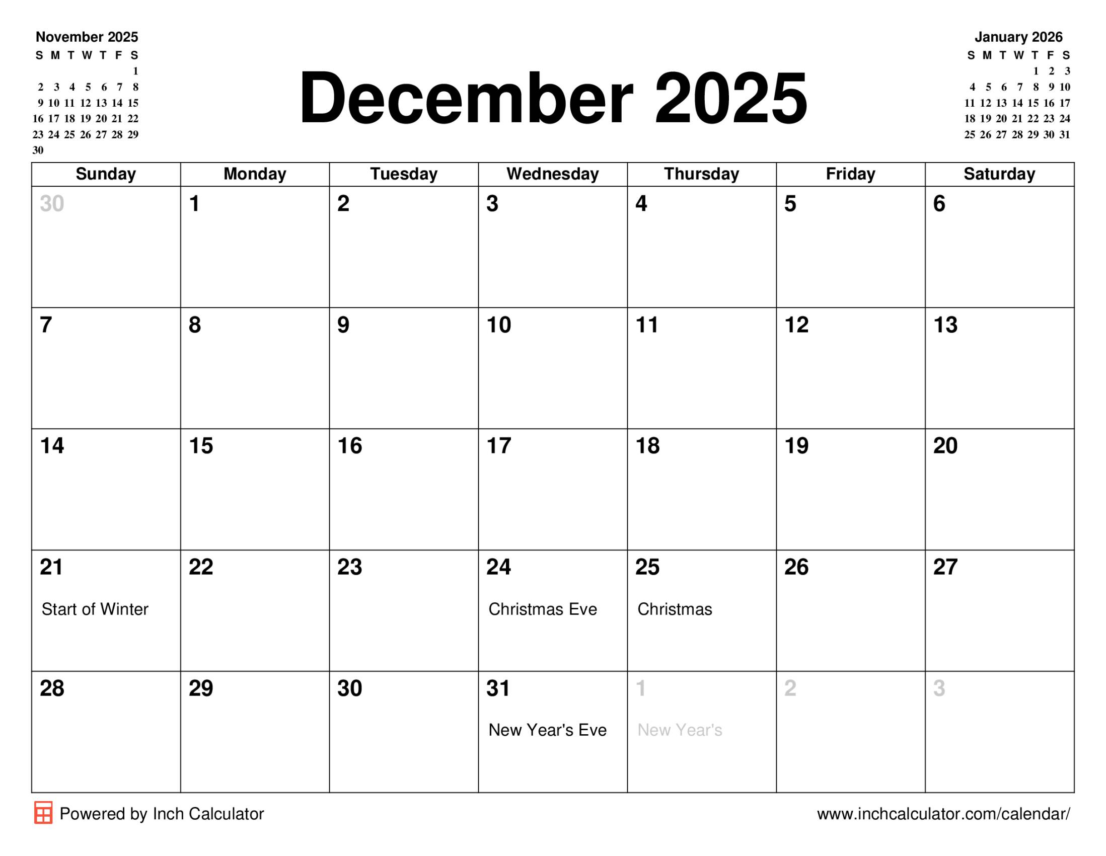 December 2025 calendar with holidays