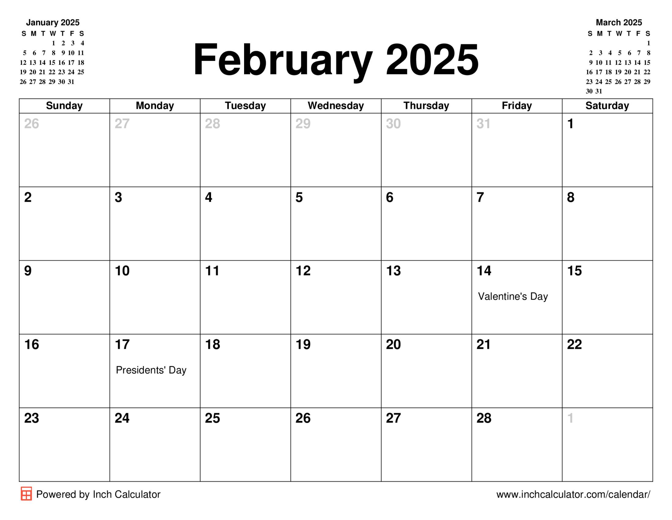February 2025 calendar with holidays
