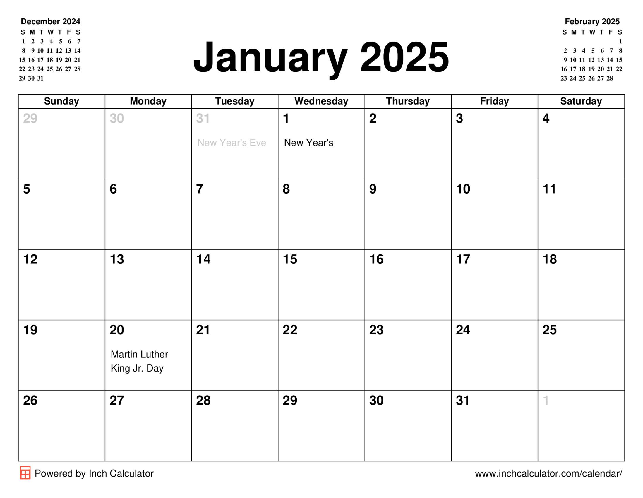 January 2025 calendar with holidays