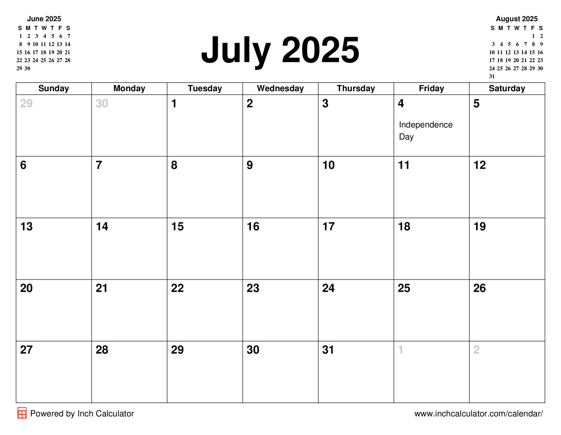 July 2025 calendar with holidays