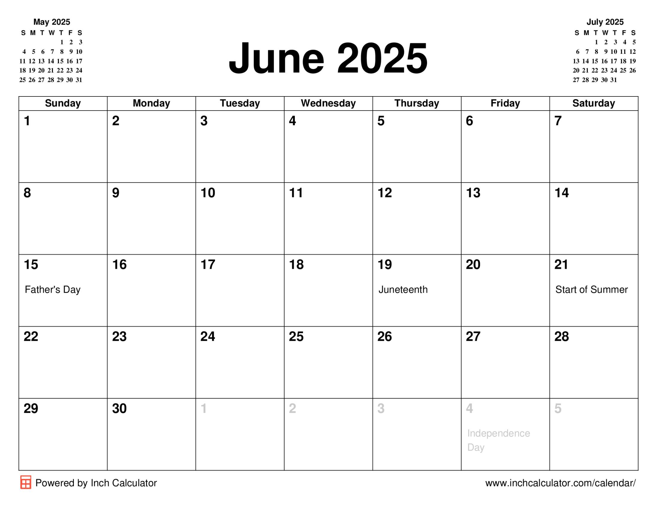 June 2025 calendar with holidays
