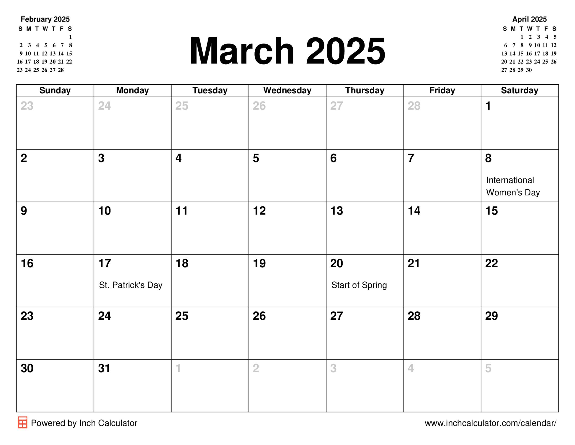 March 2025 calendar with holidays