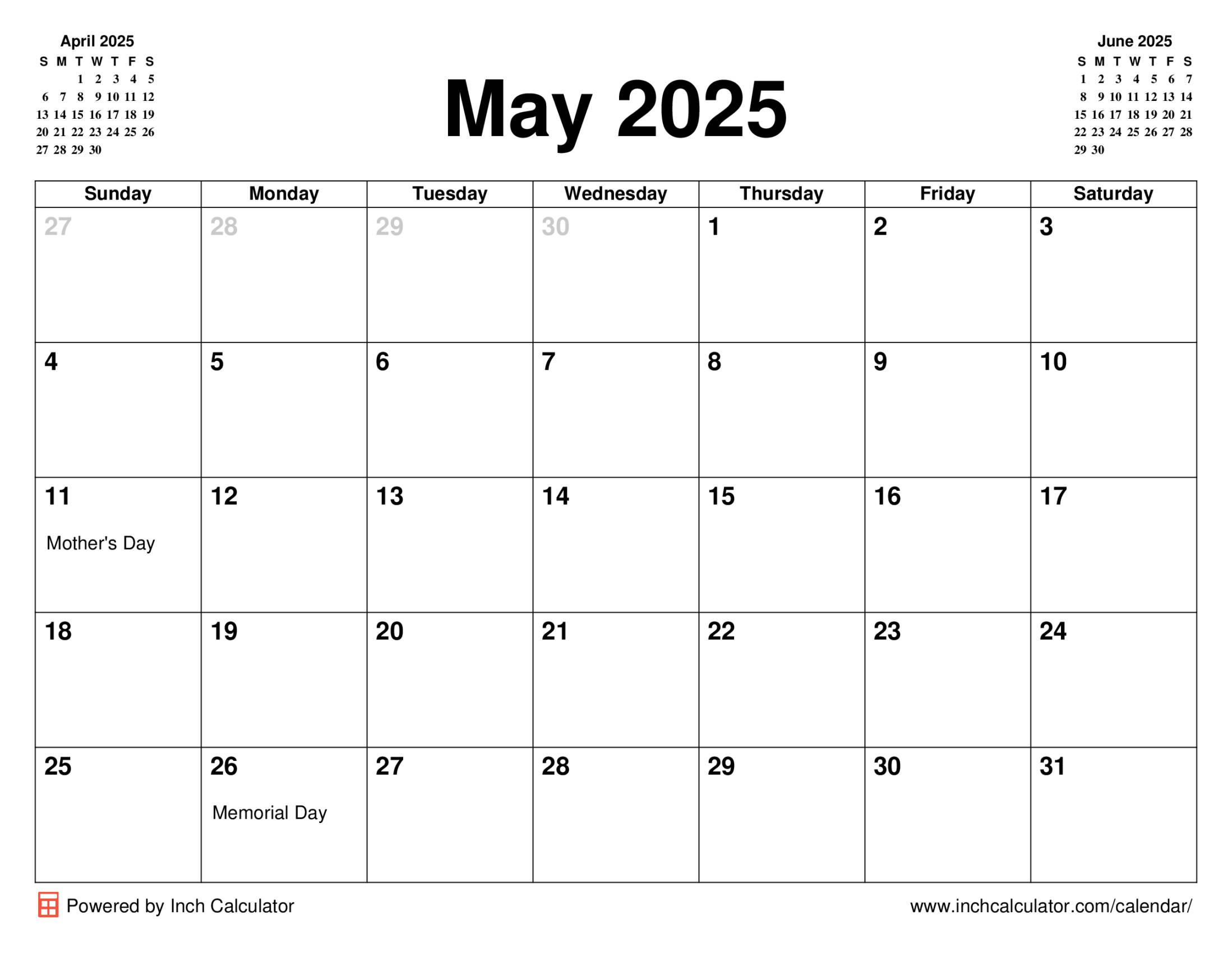 May 2025 calendar with holidays