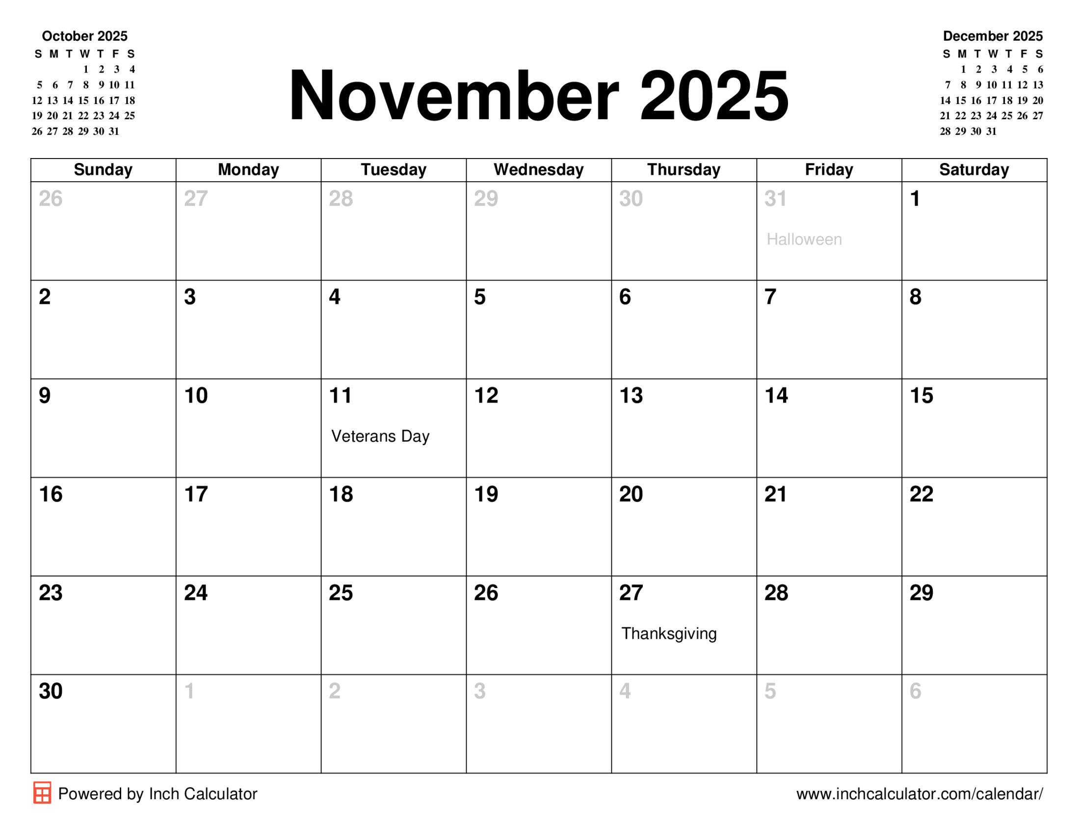 November 2025 calendar with holidays