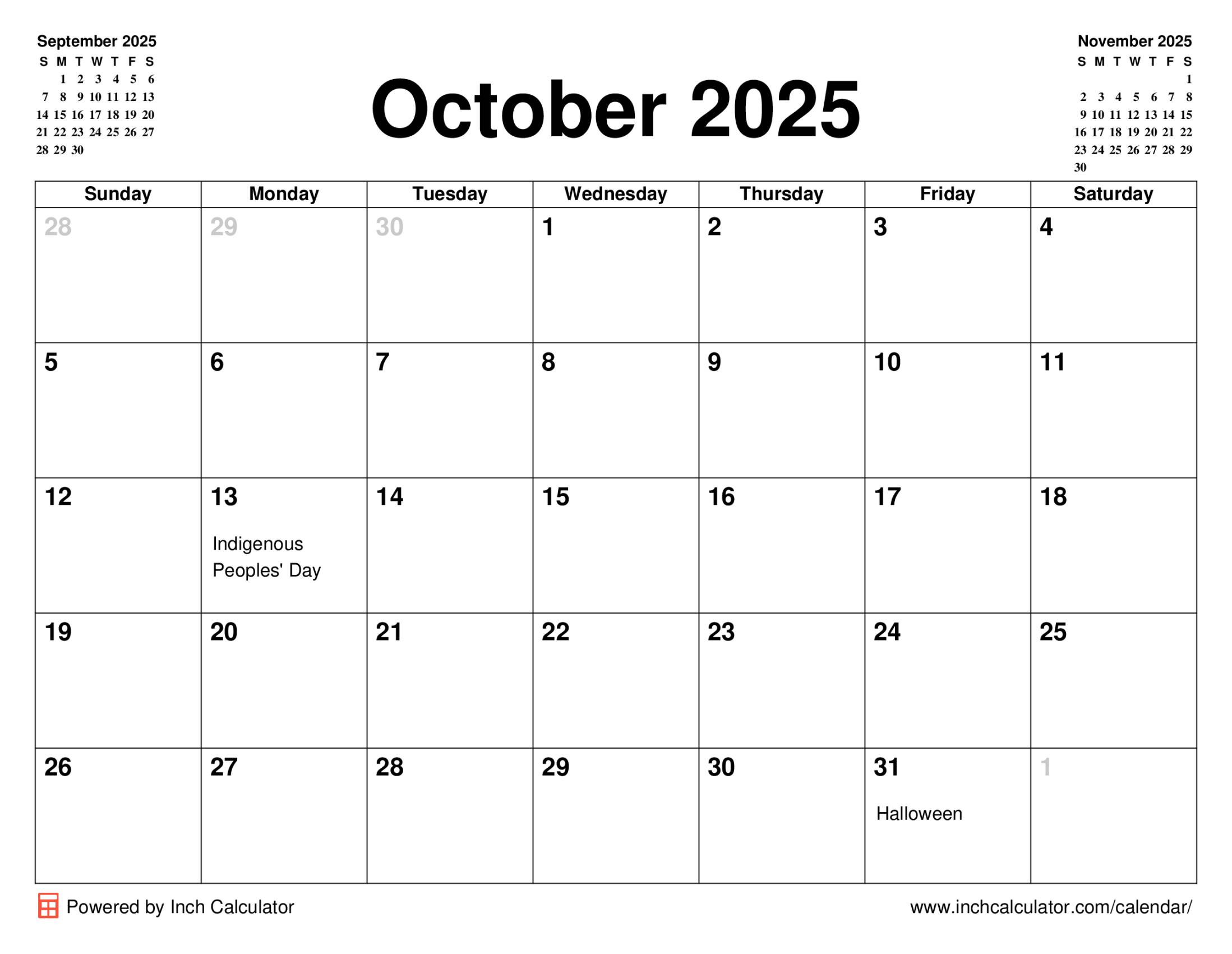 October 2025 calendar with holidays