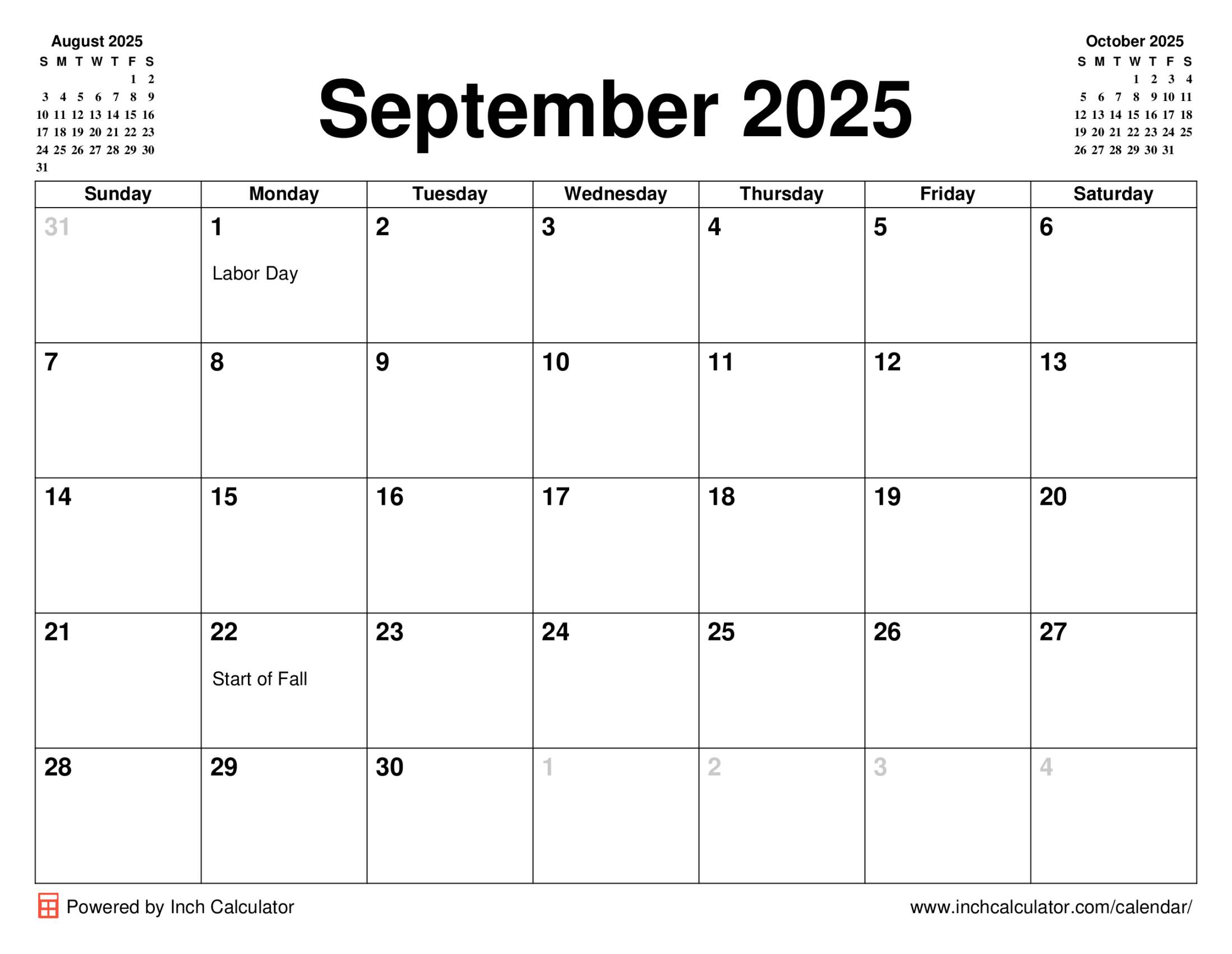 September 2025 calendar with holidays