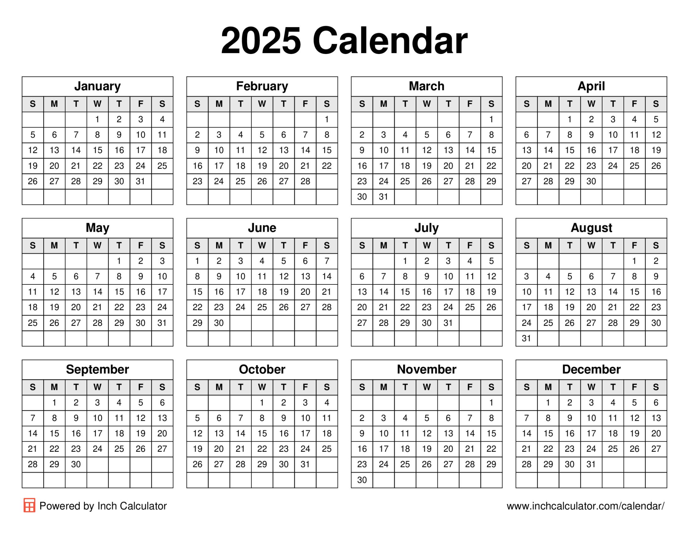 2025 calendar (landscape)