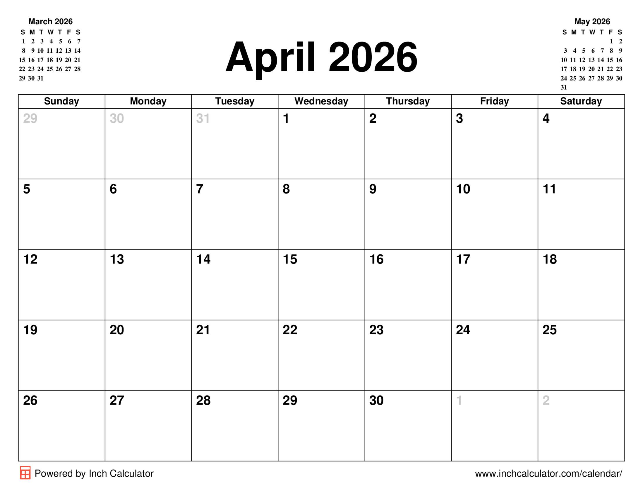 April 2026 calendar without holidays