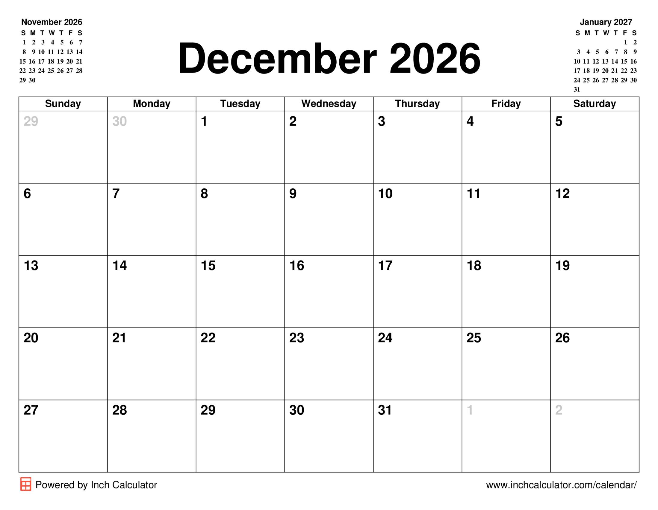 December 2026 calendar without holidays