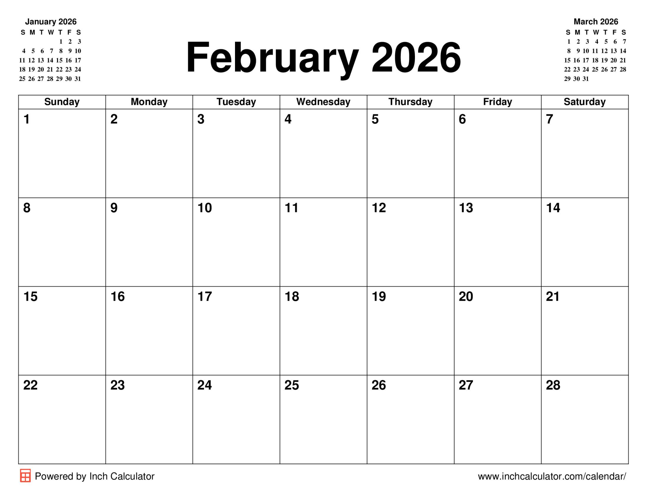 February 2026 calendar without holidays